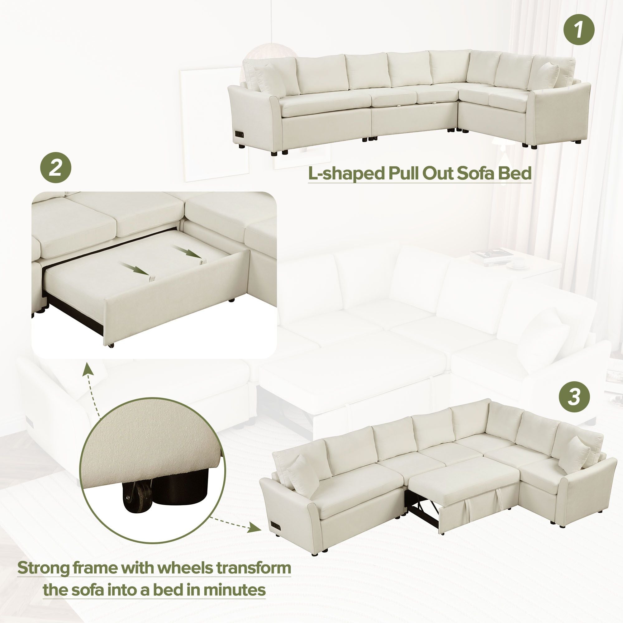 124.8"L - shaped Sofa Convertible Sofa Bed Pull Out Sofa Sleeper with Two Back Pillows, Two USB Ports and Two Power Sockets for Living Room - Comfortable Living Decor