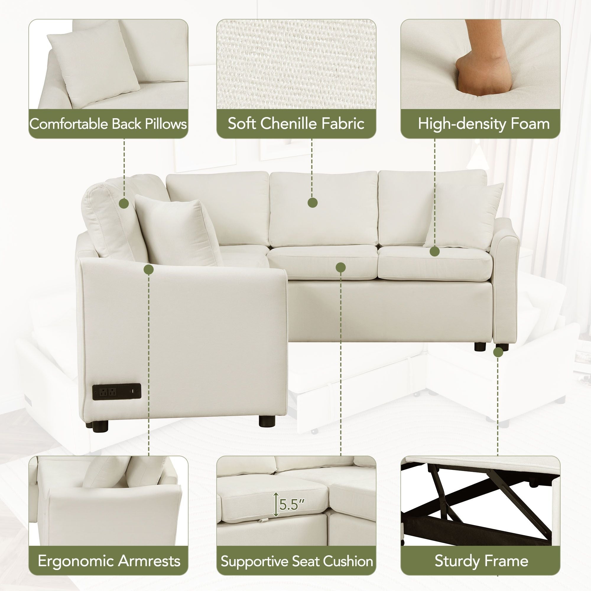 124.8"L - shaped Sofa Convertible Sofa Bed Pull Out Sofa Sleeper with Two Back Pillows, Two USB Ports and Two Power Sockets for Living Room - Comfortable Living Decor