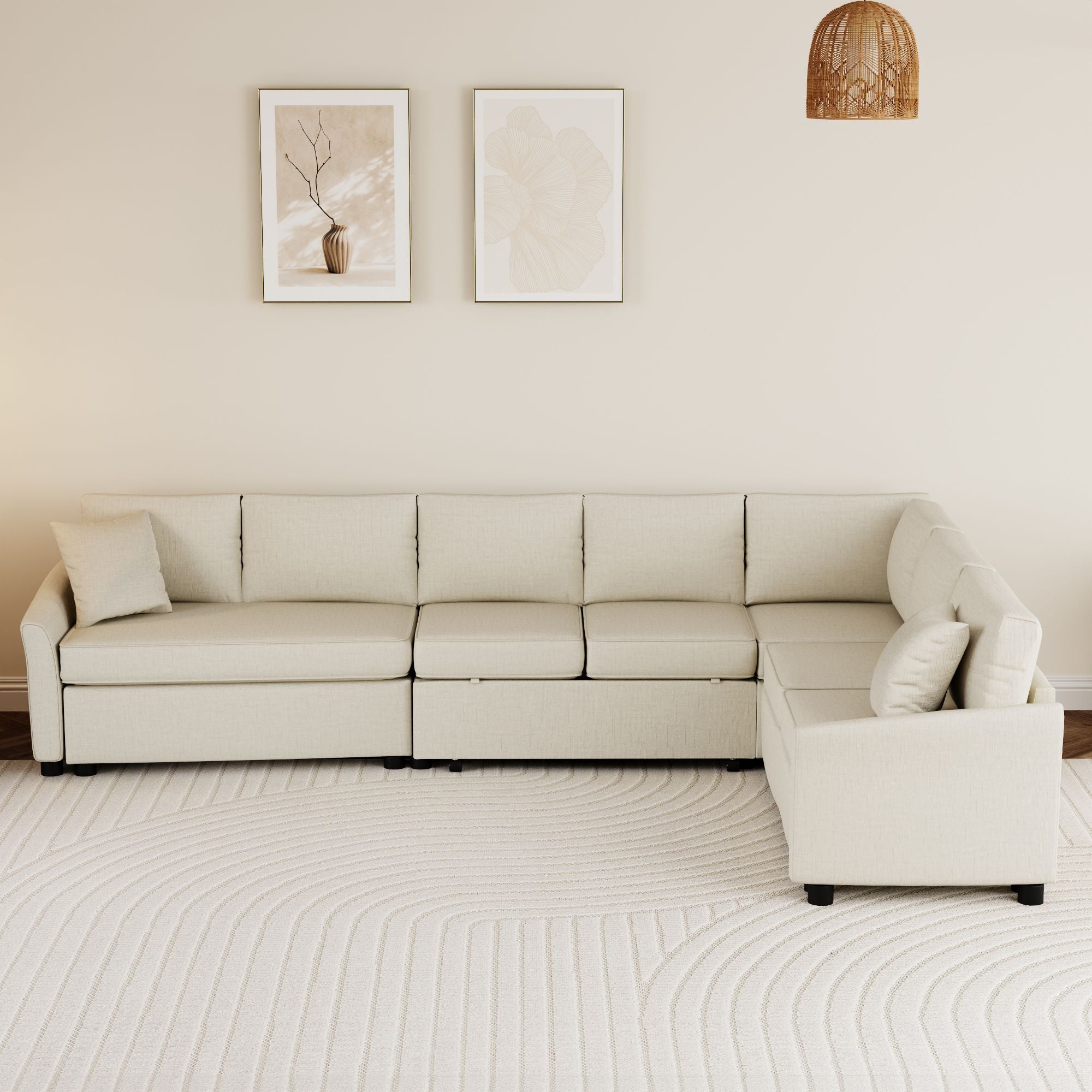 124.8"L - shaped Sofa Convertible Sofa Bed Pull Out Sofa Sleeper with Two Back Pillows, Two USB Ports and Two Power Sockets for Living Room - Comfortable Living Decor