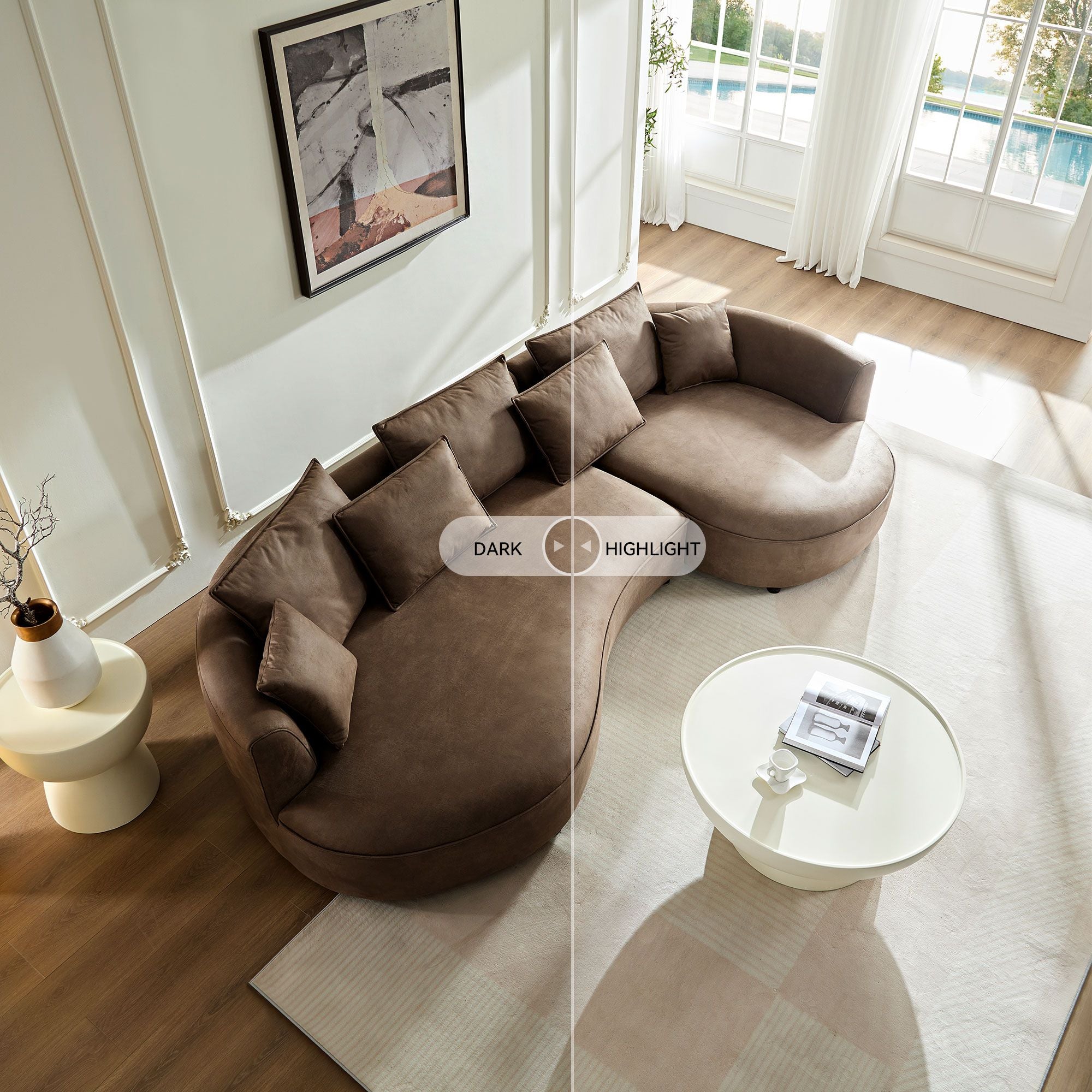 128.74 Inch Modern Sectional Curved Sofa Couch for Living Room,Leathaire Upholstered 5 - Seat Sofa Couch, Technology Cloth Couch Set for Apartment Office,Brown - Comfortable Living Decor