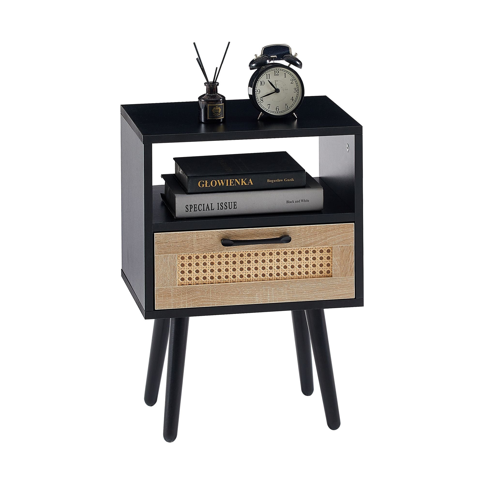 15.75" Rattan End table with drawer and solid wood legs, Modern nightstand, side table for living room, bedroom - Comfortable Living Decor