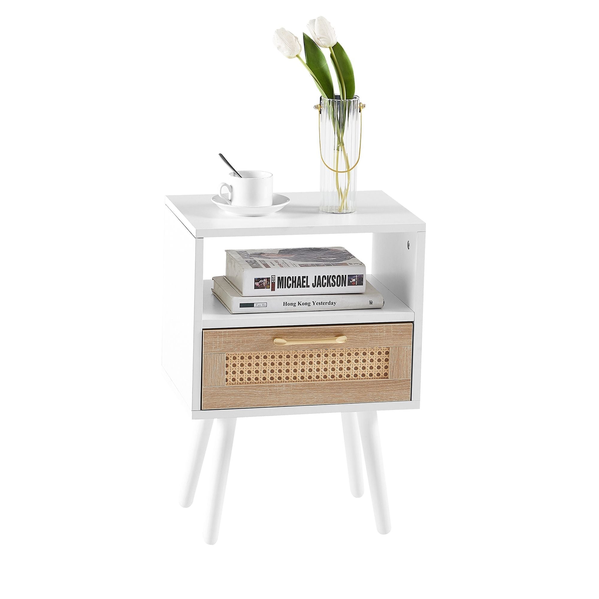15.75" Rattan End table with drawer and solid wood legs, Modern nightstand, side table for living room, bedroom - Comfortable Living Decor