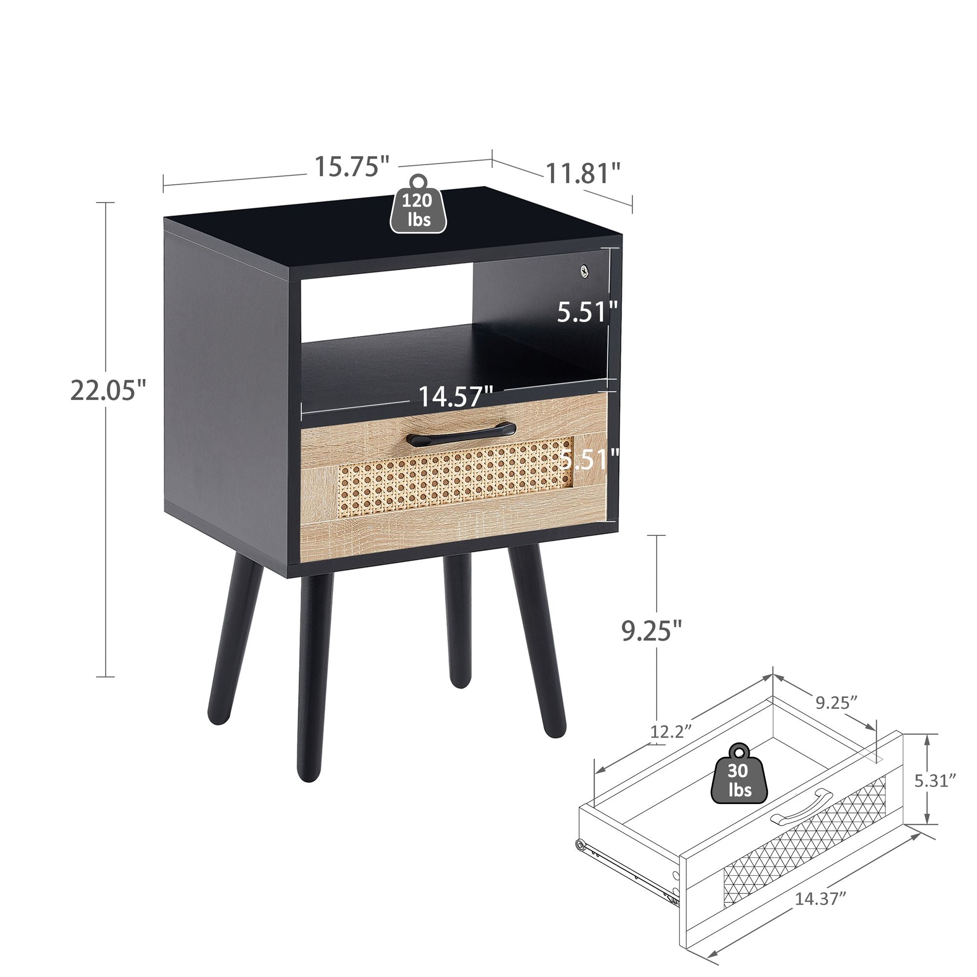 15.75" Rattan End table with drawer and solid wood legs, Modern nightstand, side table for living room, bedroom - Comfortable Living Decor