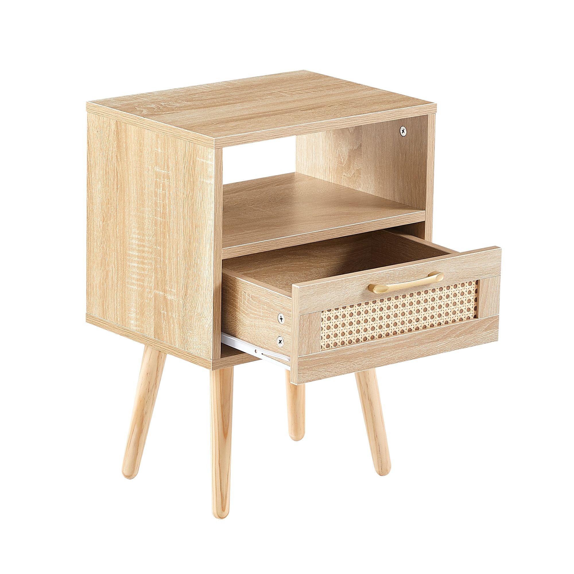 15.75" Rattan End table with drawer and solid wood legs, Modern nightstand, side table for living room, bedroom - Comfortable Living Decor