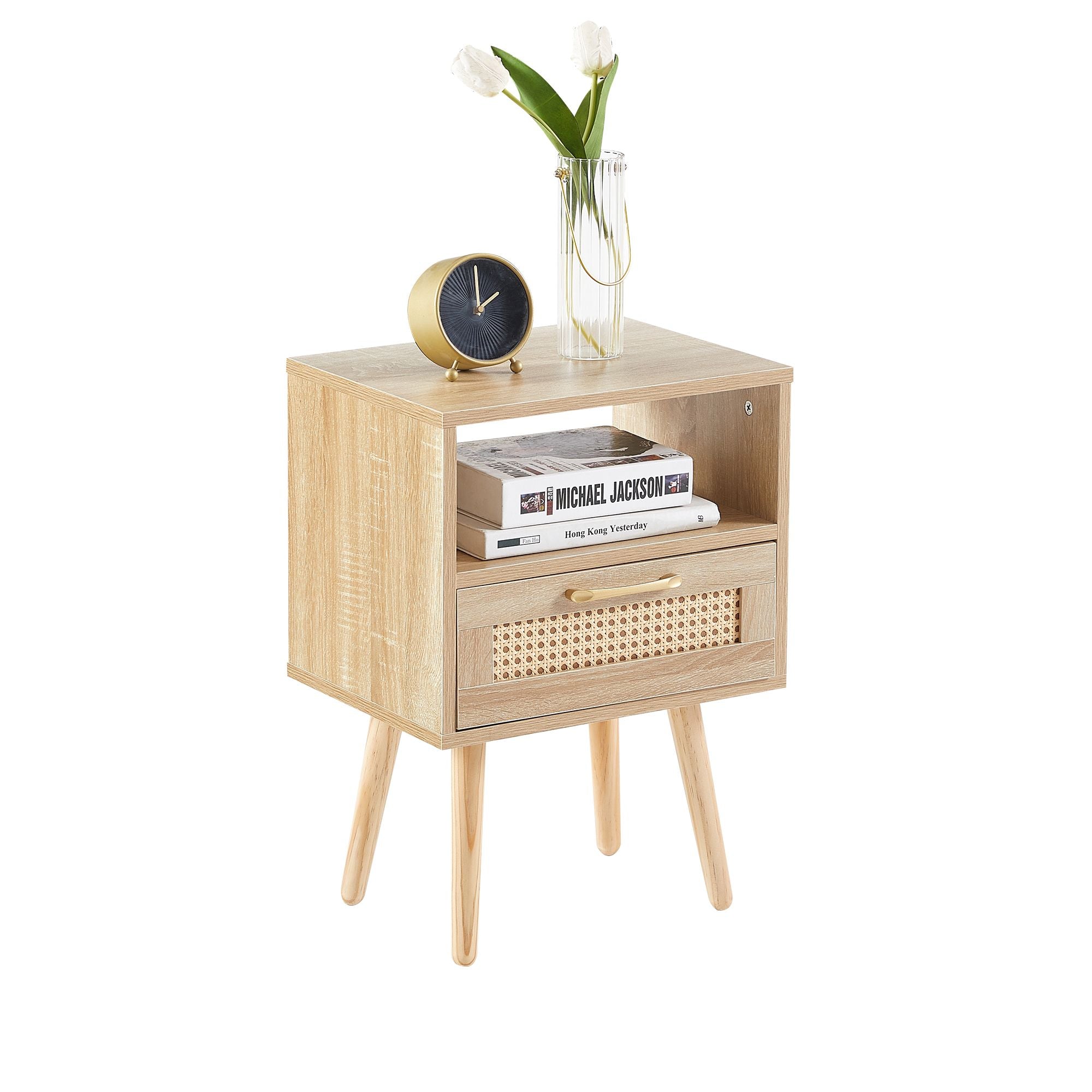 15.75" Rattan End table with drawer and solid wood legs, Modern nightstand, side table for living room, bedroom - Comfortable Living Decor