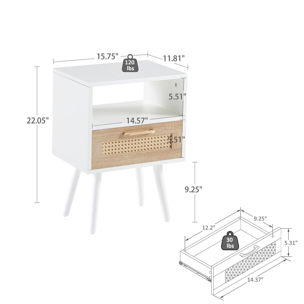 15.75" Rattan End table with drawer and solid wood legs, Modern nightstand, side table for living room, bedroom - Comfortable Living Decor