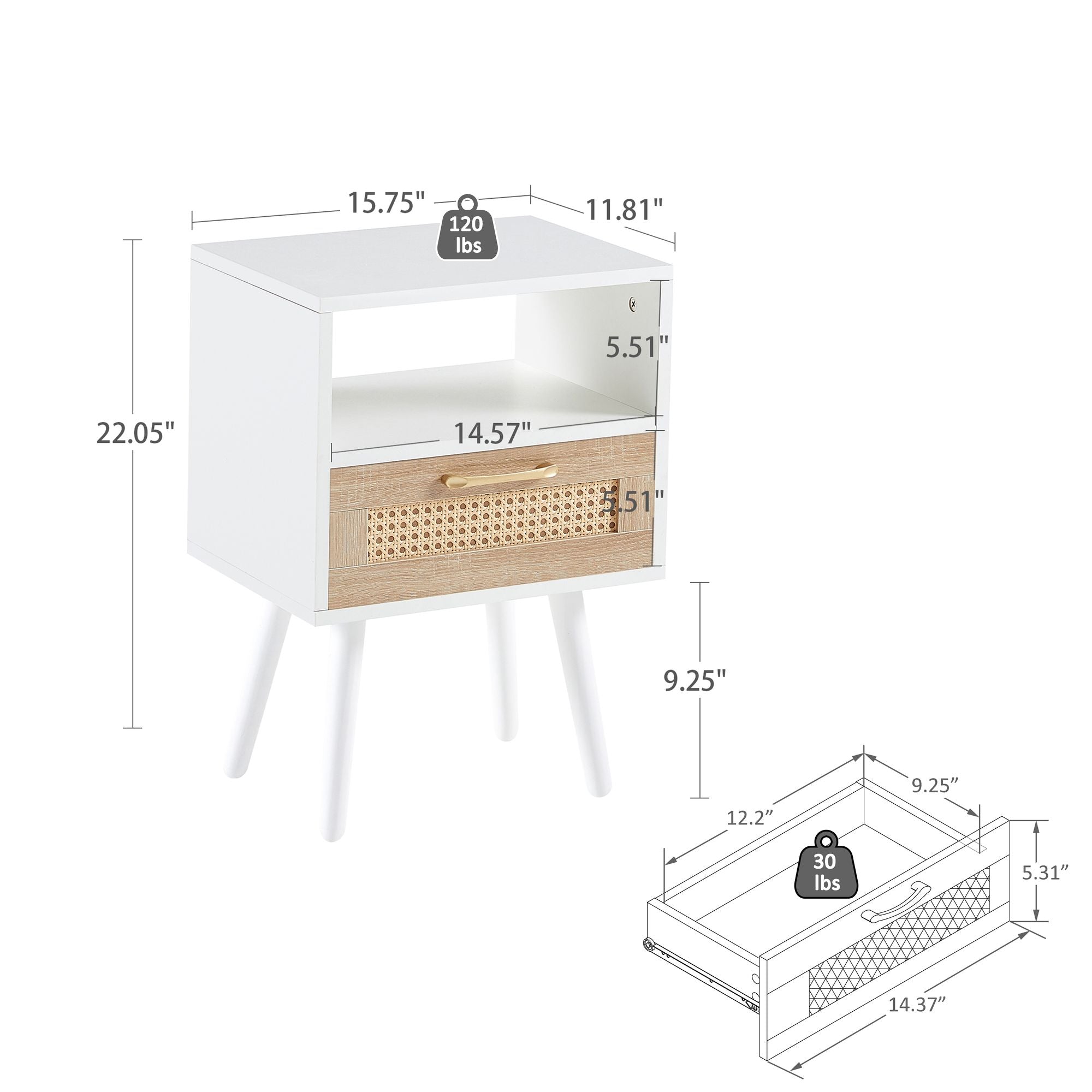 15.75" Rattan End table with drawer and solid wood legs, Modern nightstand, side table for living room, bedroom - Comfortable Living Decor