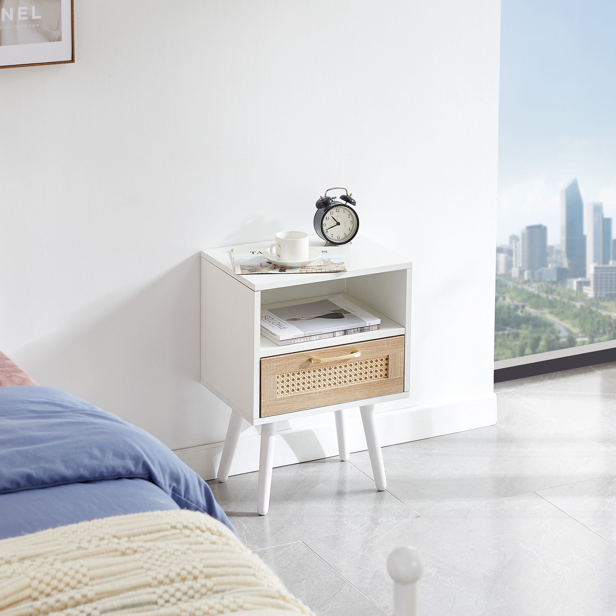 15.75" Rattan End table with drawer and solid wood legs, Modern nightstand, side table for living room, bedroom - Comfortable Living Decor