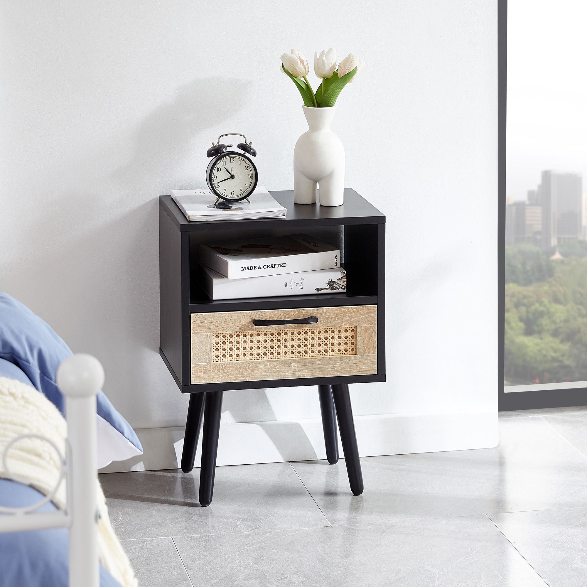 15.75" Rattan End table with drawer and solid wood legs, Modern nightstand, side table for living room, bedroom - Comfortable Living Decor