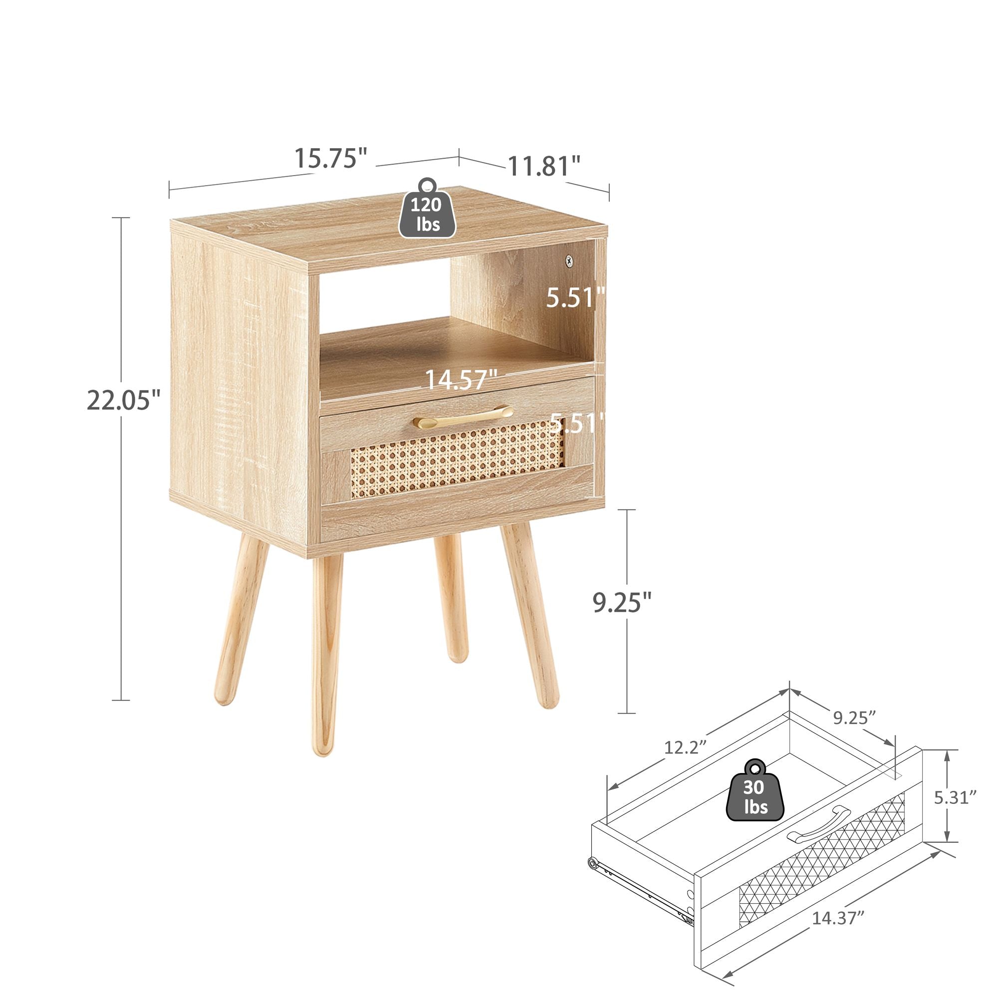 15.75" Rattan End table with drawer and solid wood legs, Modern nightstand, side table for living room, bedroom - Comfortable Living Decor