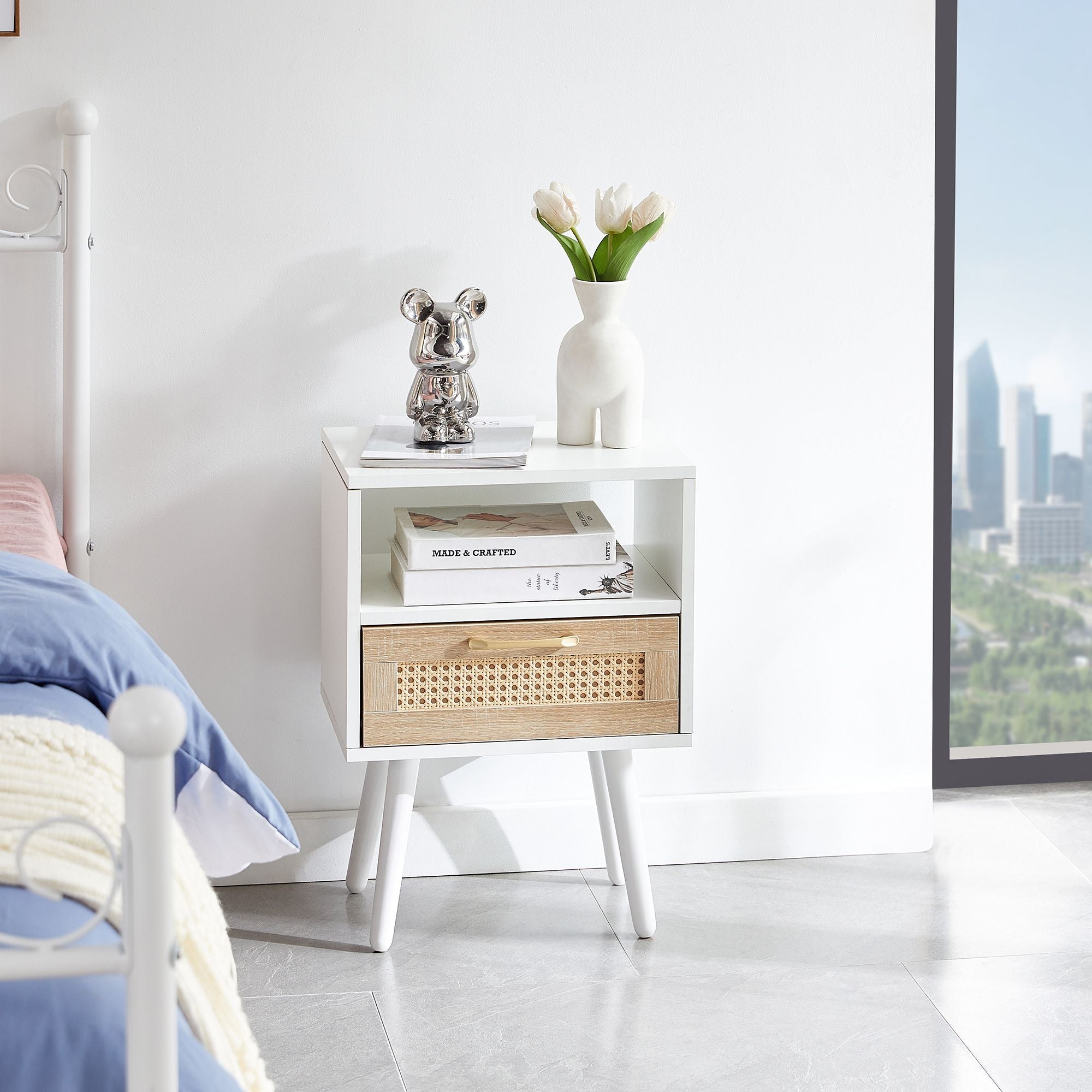 15.75" Rattan End table with drawer and solid wood legs, Modern nightstand, side table for living room, bedroom - Comfortable Living Decor