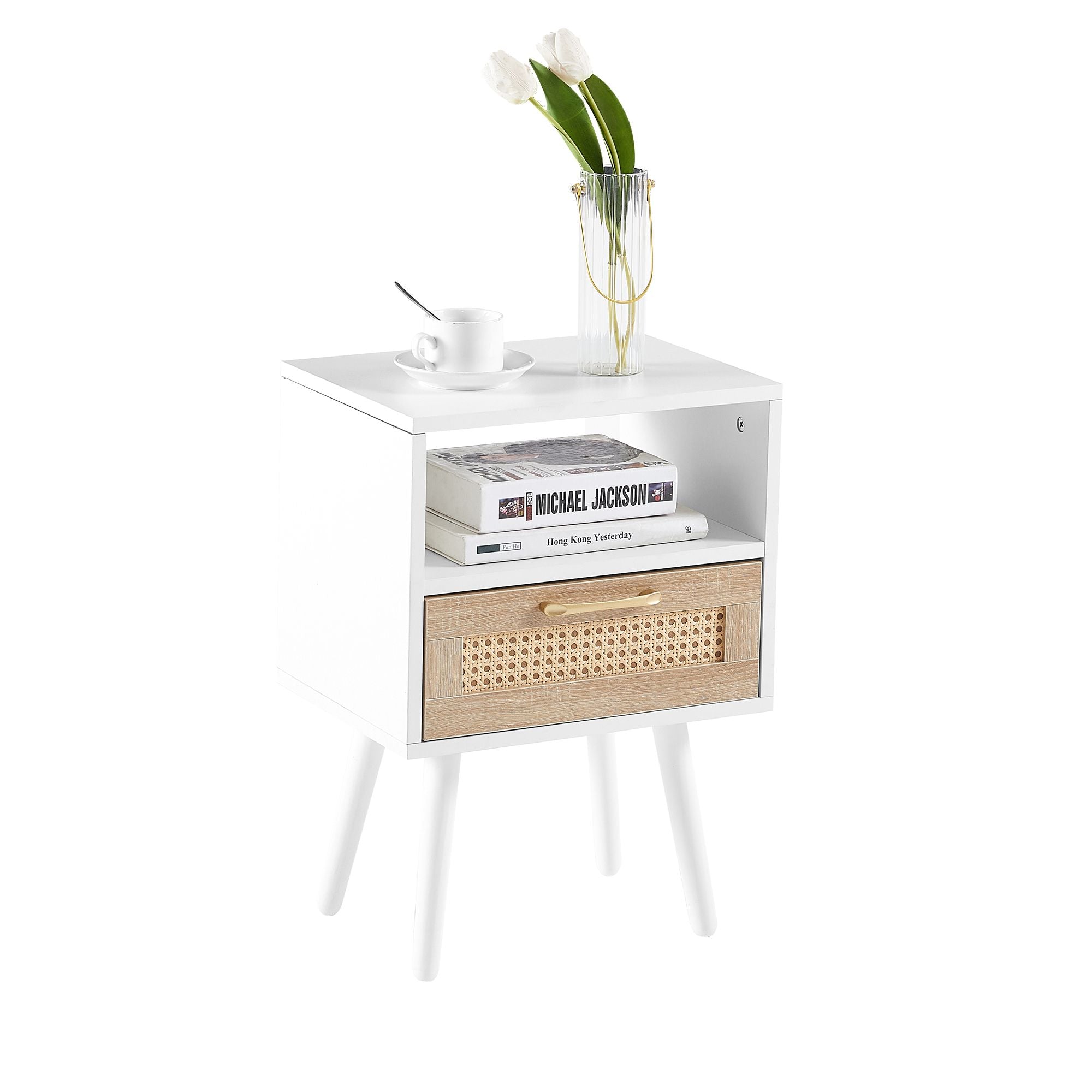 15.75" Rattan End table with drawer and solid wood legs, Modern nightstand, side table for living room, bedroom - Comfortable Living Decor