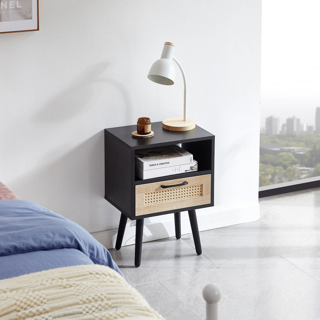 15.75" Rattan End table with drawer and solid wood legs, Modern nightstand, side table for living room, bedroom - Comfortable Living Decor