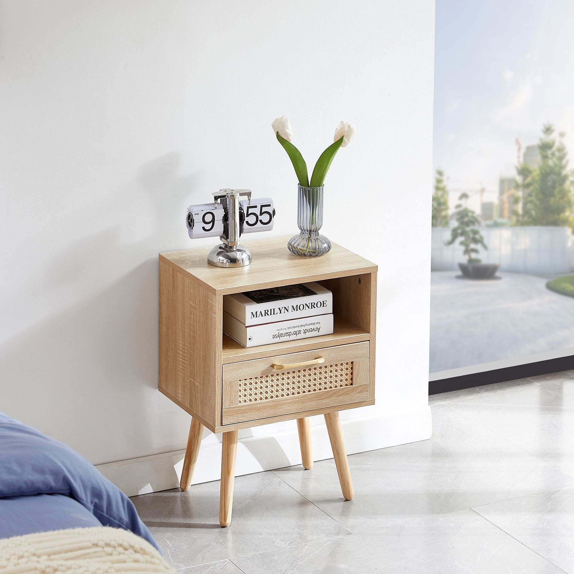15.75" Rattan End table with drawer and solid wood legs, Modern nightstand, side table for living room, bedroom - Comfortable Living Decor