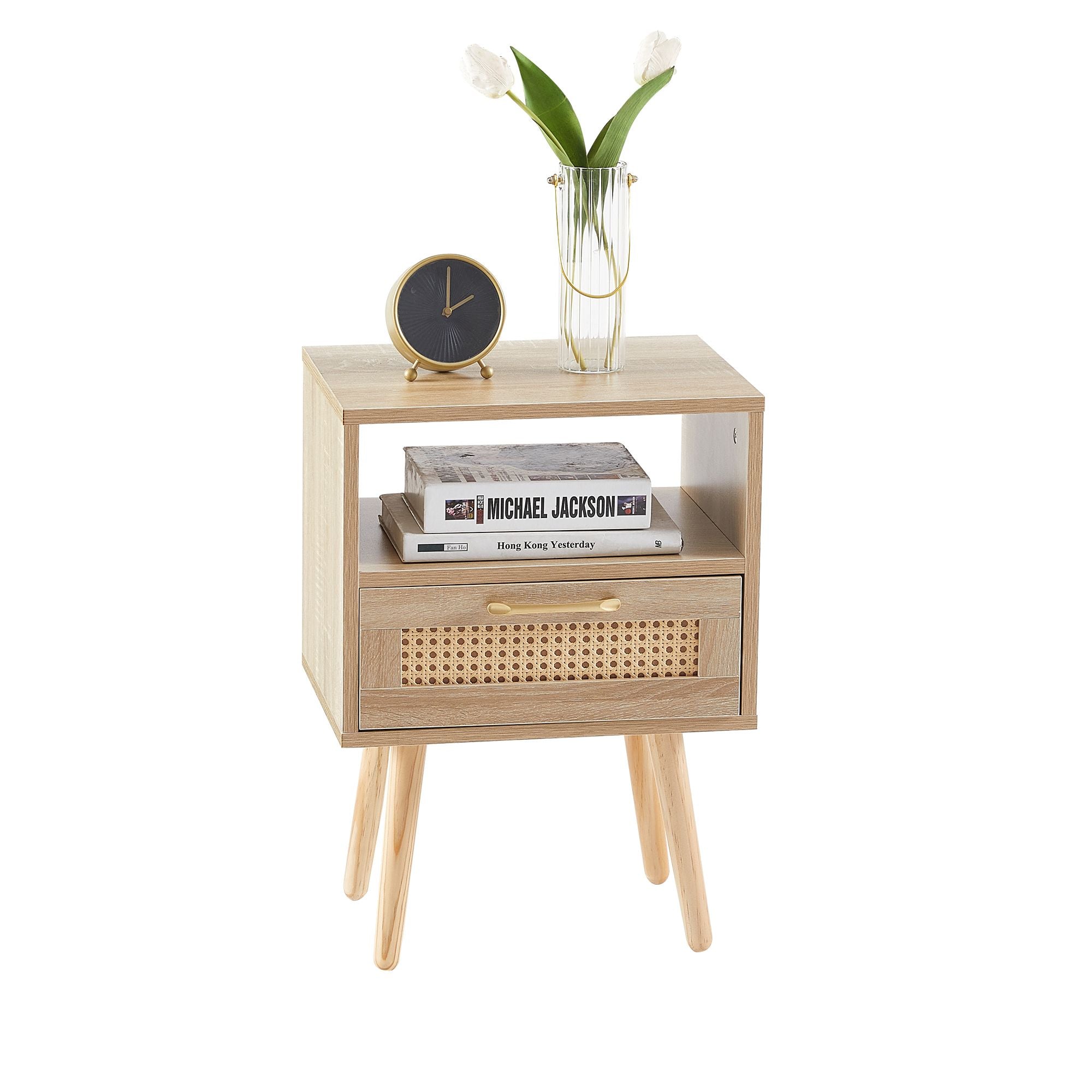15.75" Rattan End table with drawer and solid wood legs, Modern nightstand, side table for living room, bedroom - Comfortable Living Decor