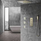 16" Thermostatic Rain Shower System with Hand Shower & 3 Body Jet Sprays in Brushed Gold - Comfortable Living Decor