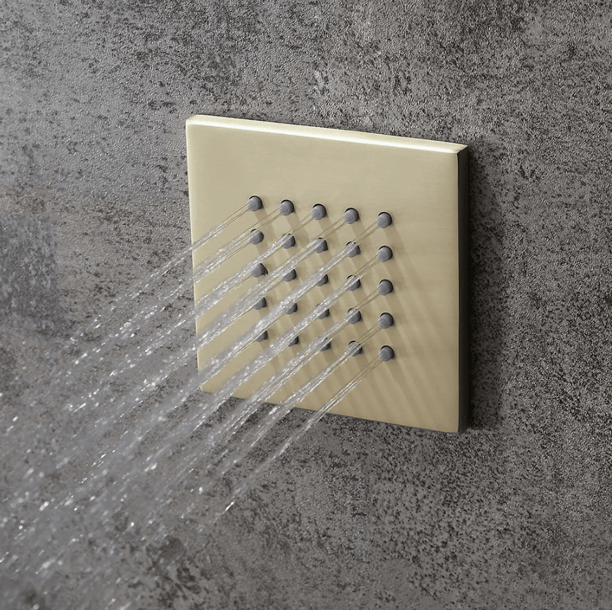 16" Thermostatic Rain Shower System with Hand Shower & 3 Body Jet Sprays in Brushed Gold - Comfortable Living Decor