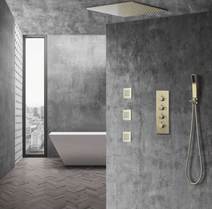 16" Thermostatic Rain Shower System with Hand Shower & 3 Body Jet Sprays in Brushed Gold - Comfortable Living Decor