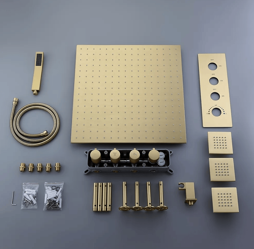 16" Thermostatic Rain Shower System with Hand Shower & 3 Body Jet Sprays in Brushed Gold - Comfortable Living Decor
