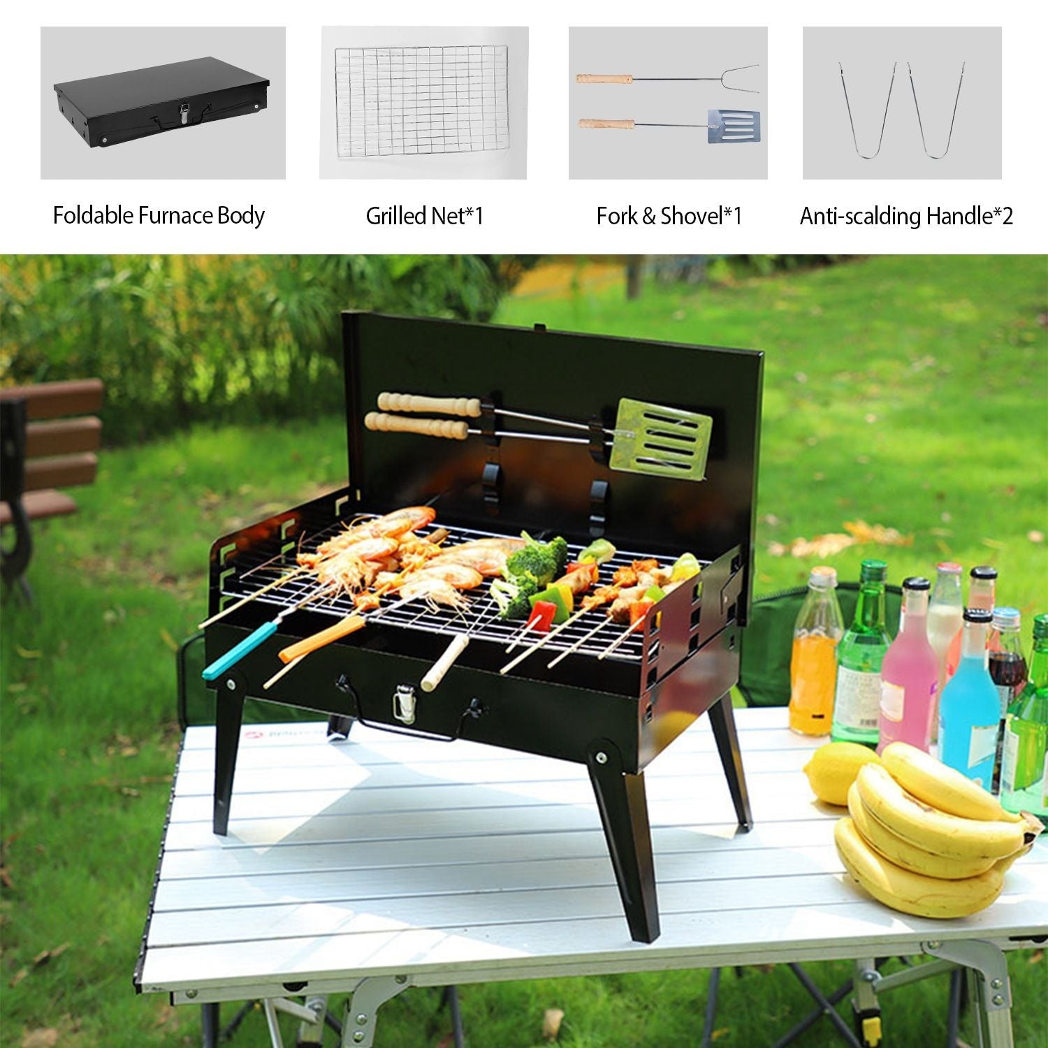 16.7x10x17.7in Portable Charcoal Grill Foldable BBQ Suitcase Grill Shelf For Outdoor Camping Picnics Garden Grilling - Comfortable Living Decor