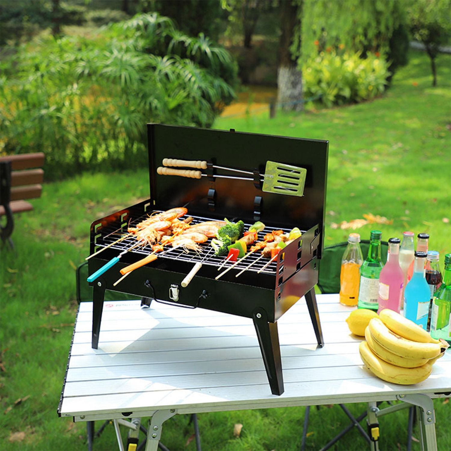 16.7x10x17.7in Portable Charcoal Grill Foldable BBQ Suitcase Grill Shelf For Outdoor Camping Picnics Garden Grilling - Comfortable Living Decor