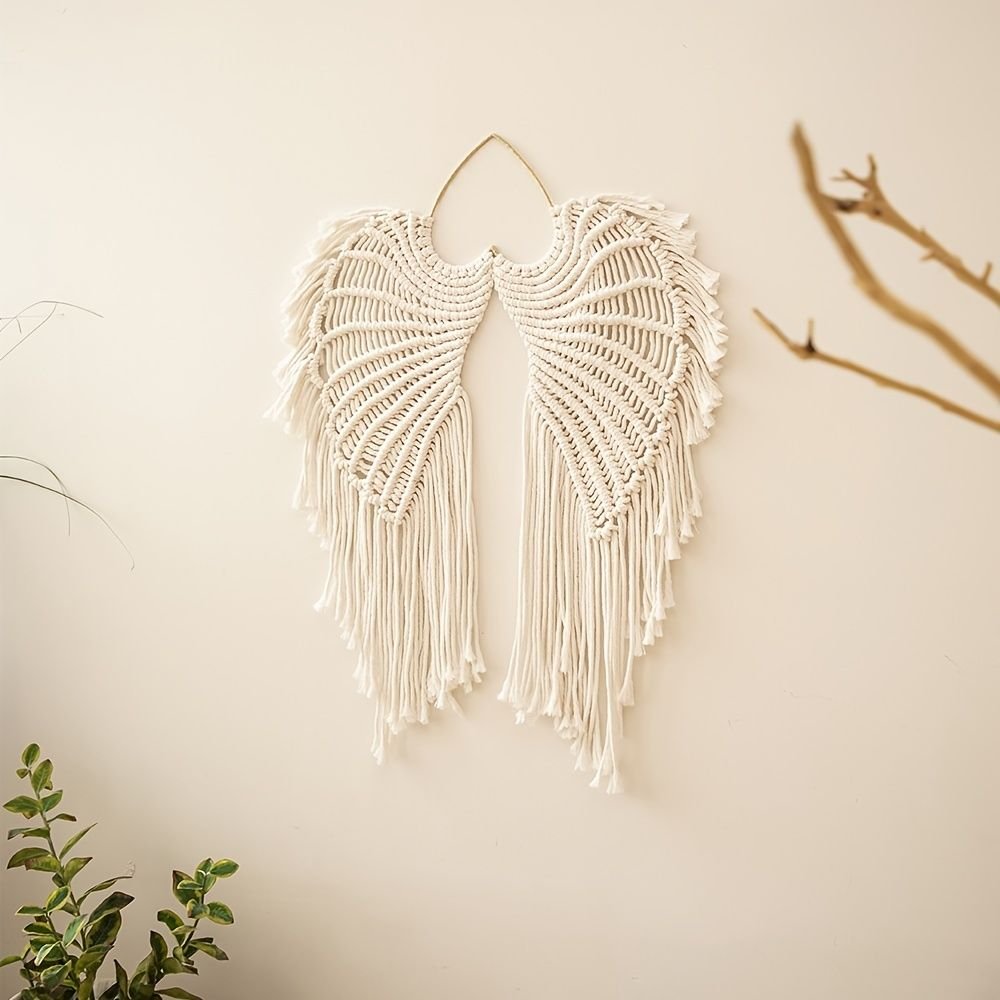 1pc Bohemian Angel Wings Tapestry Pendant with Long Tassels - Hand Woven Dream Catcher Wall Hanging for Weddings, Offices, and Bedrooms - Comfortable Living Decor