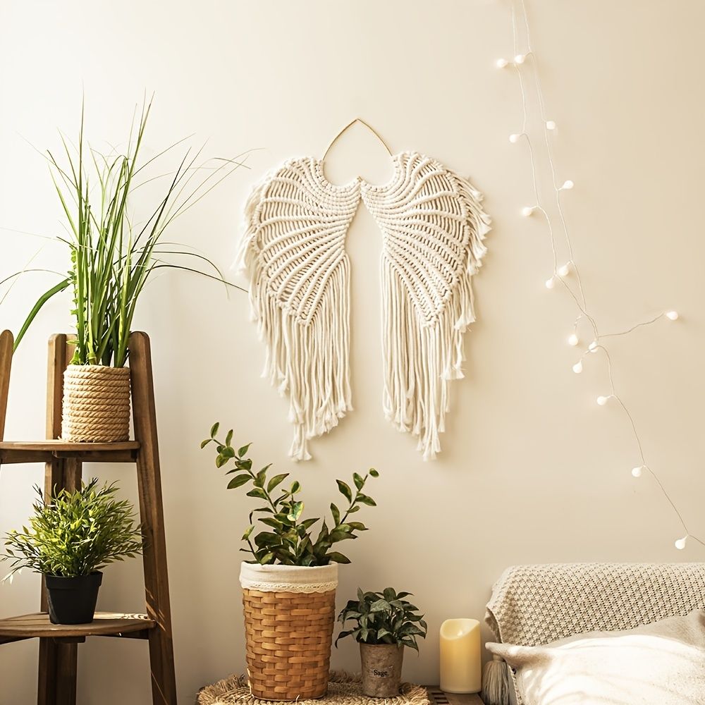 1pc Bohemian Angel Wings Tapestry Pendant with Long Tassels - Hand Woven Dream Catcher Wall Hanging for Weddings, Offices, and Bedrooms - Comfortable Living Decor