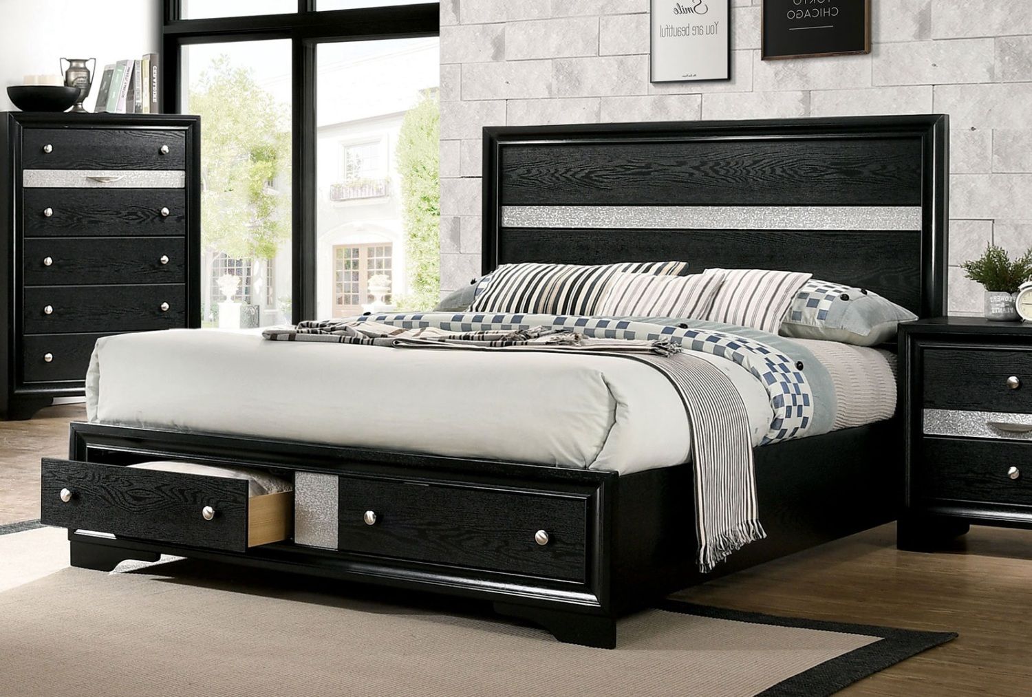 1pc Contemporary Queen Size Bed Black Solidwood 1pc Bed Bedroom Furniture Storage FB - Comfortable Living Decor
