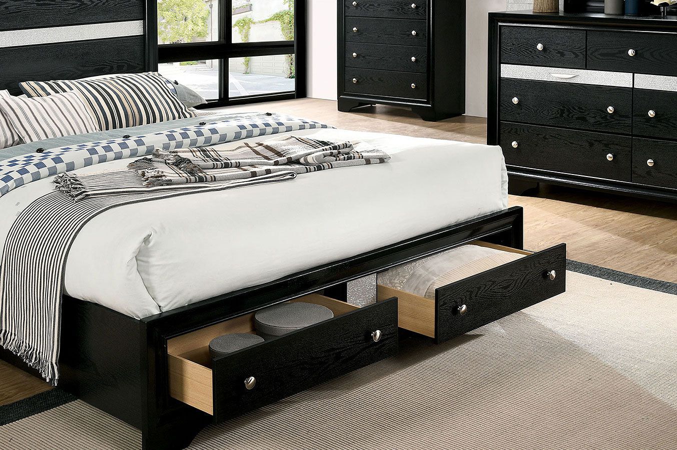 1pc Contemporary Queen Size Bed Black Solidwood 1pc Bed Bedroom Furniture Storage FB - Comfortable Living Decor