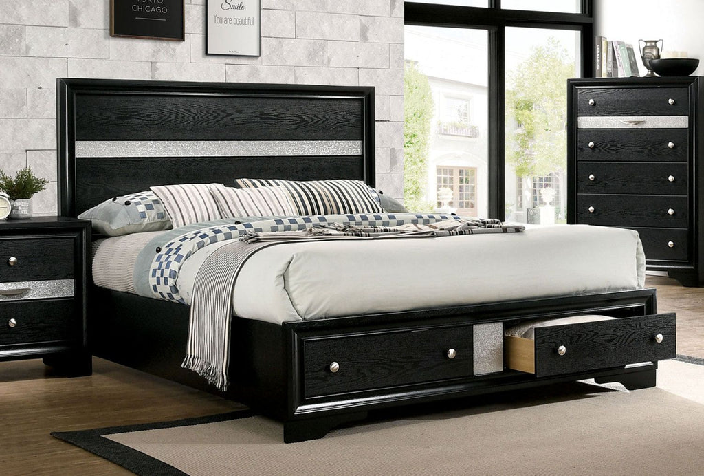 1pc Contemporary Queen Size Bed Black Solidwood 1pc Bed Bedroom Furniture Storage FB - Comfortable Living Decor