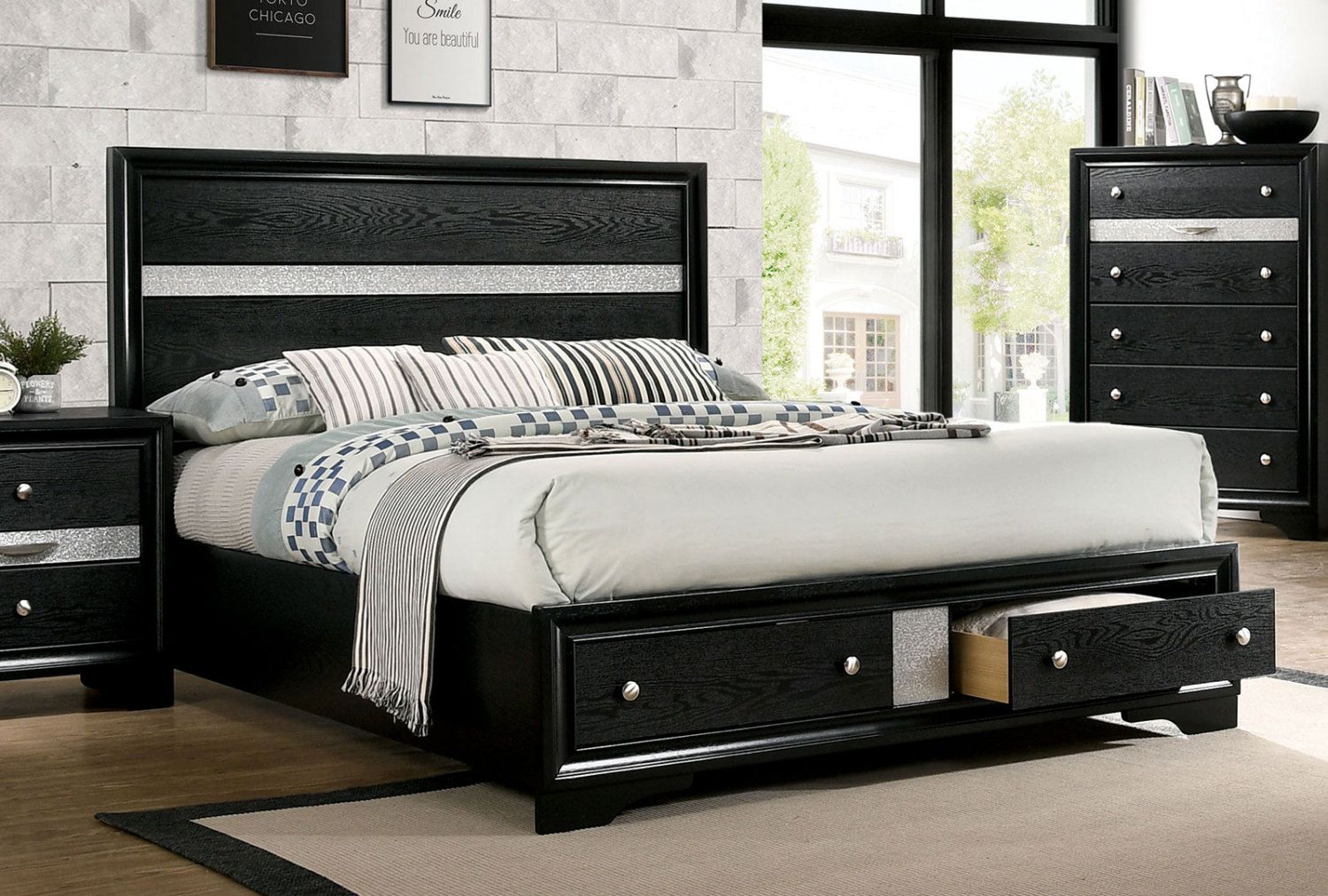 1pc Contemporary Queen Size Bed Black Solidwood 1pc Bed Bedroom Furniture Storage FB - Comfortable Living Decor
