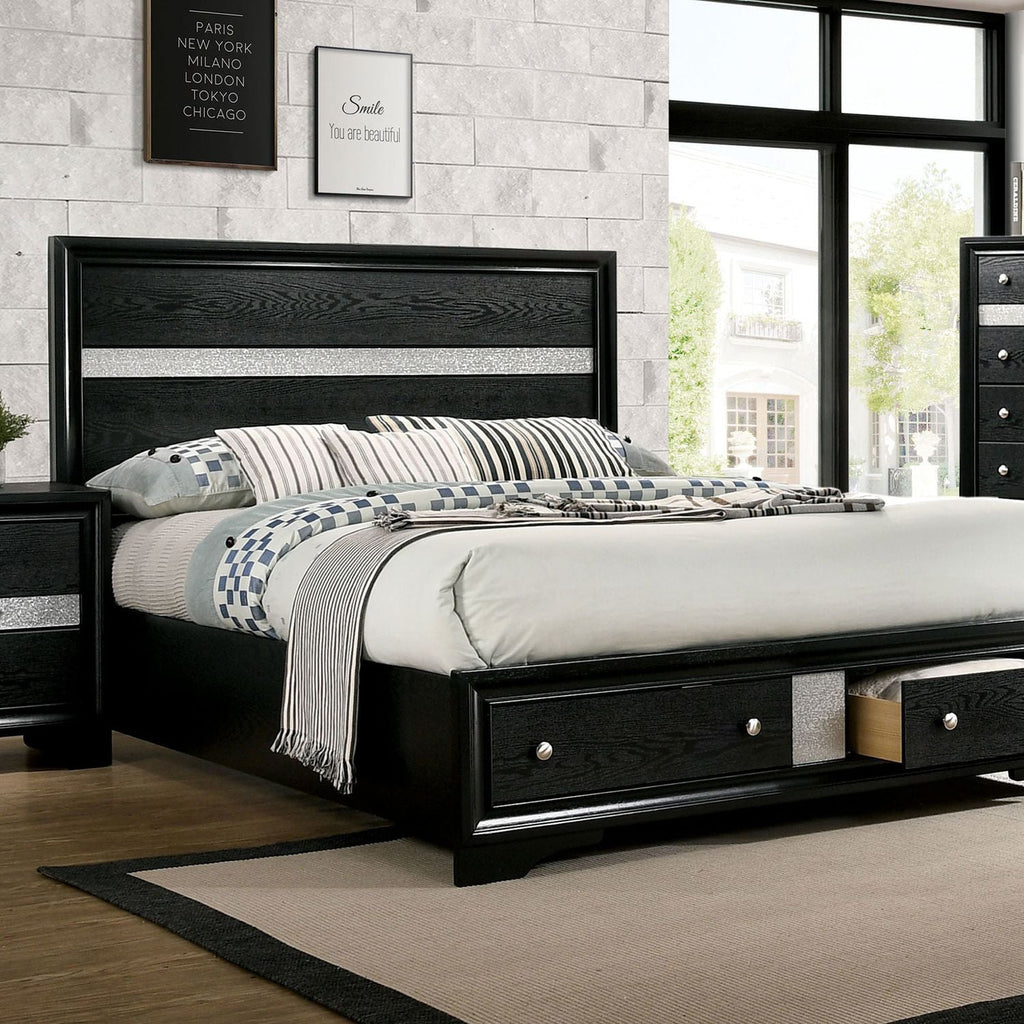 1pc Contemporary Queen Size Bed Black Solidwood 1pc Bed Bedroom Furniture Storage FB - Comfortable Living Decor