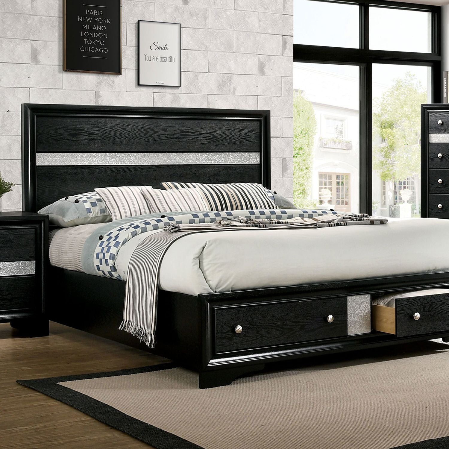 1pc Contemporary Queen Size Bed Black Solidwood 1pc Bed Bedroom Furniture Storage FB - Comfortable Living Decor