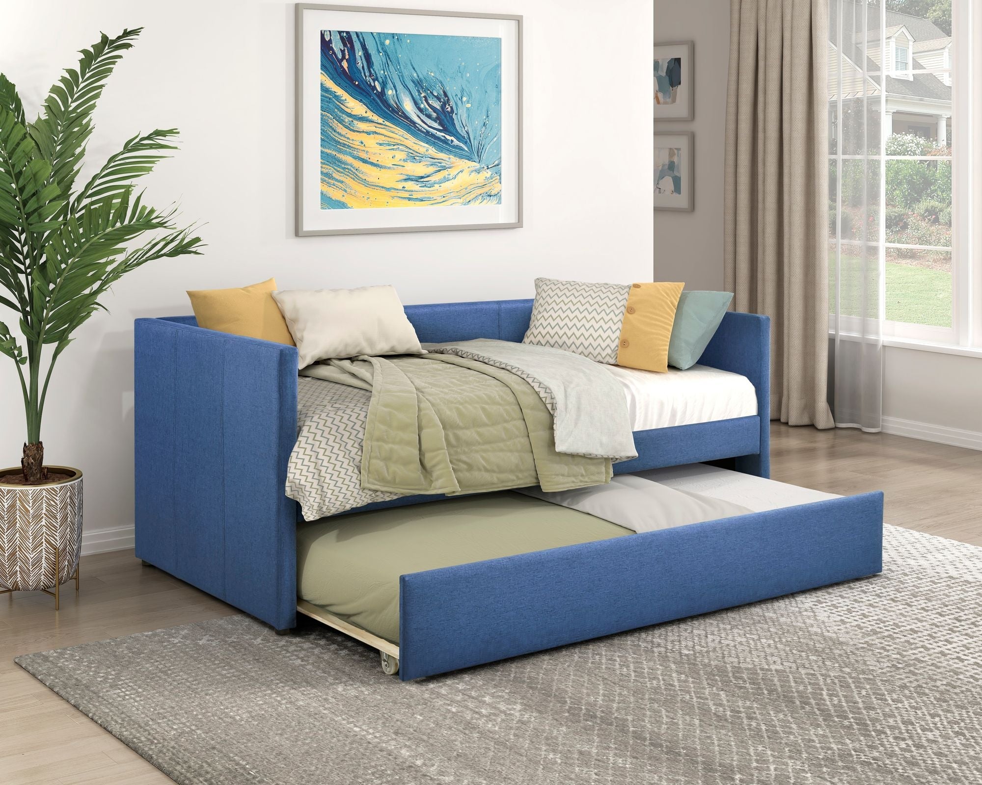 1pc Daybed with Trundle Blue Fabric Upholstery Wooden Frame Modern Home Furniture - Comfortable Living Decor