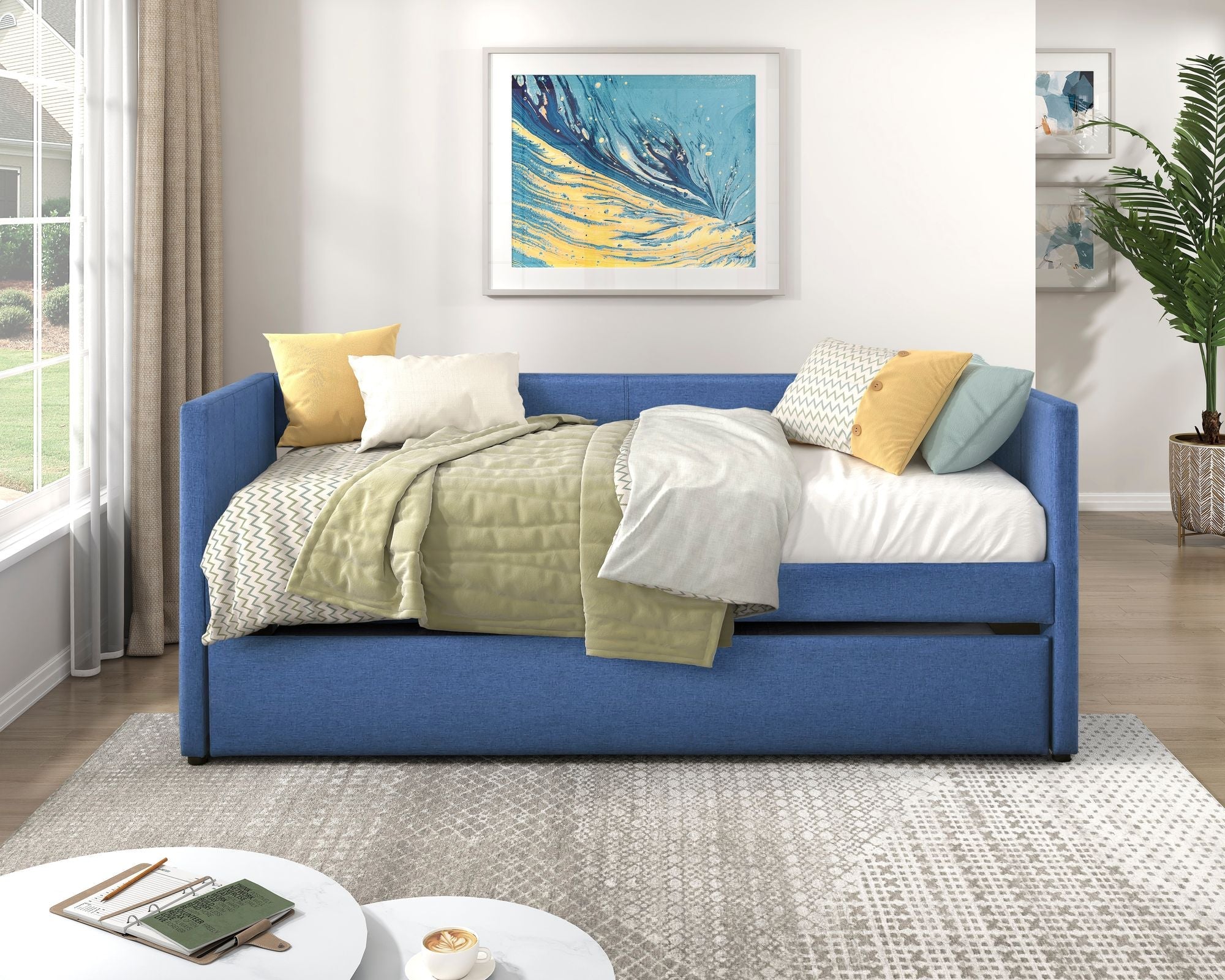 1pc Daybed with Trundle Blue Fabric Upholstery Wooden Frame Modern Home Furniture - Comfortable Living Decor