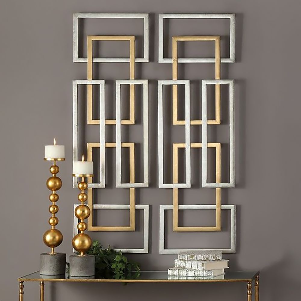 2 Pieces Big Metal Wall Decor Set Modern Gold & Silver Rectangle Art Living Room Bedroom - Comfortable Living Decor