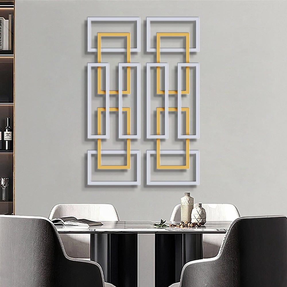 2 Pieces Big Metal Wall Decor Set Modern Gold & Silver Rectangle Art Living Room Bedroom - Comfortable Living Decor