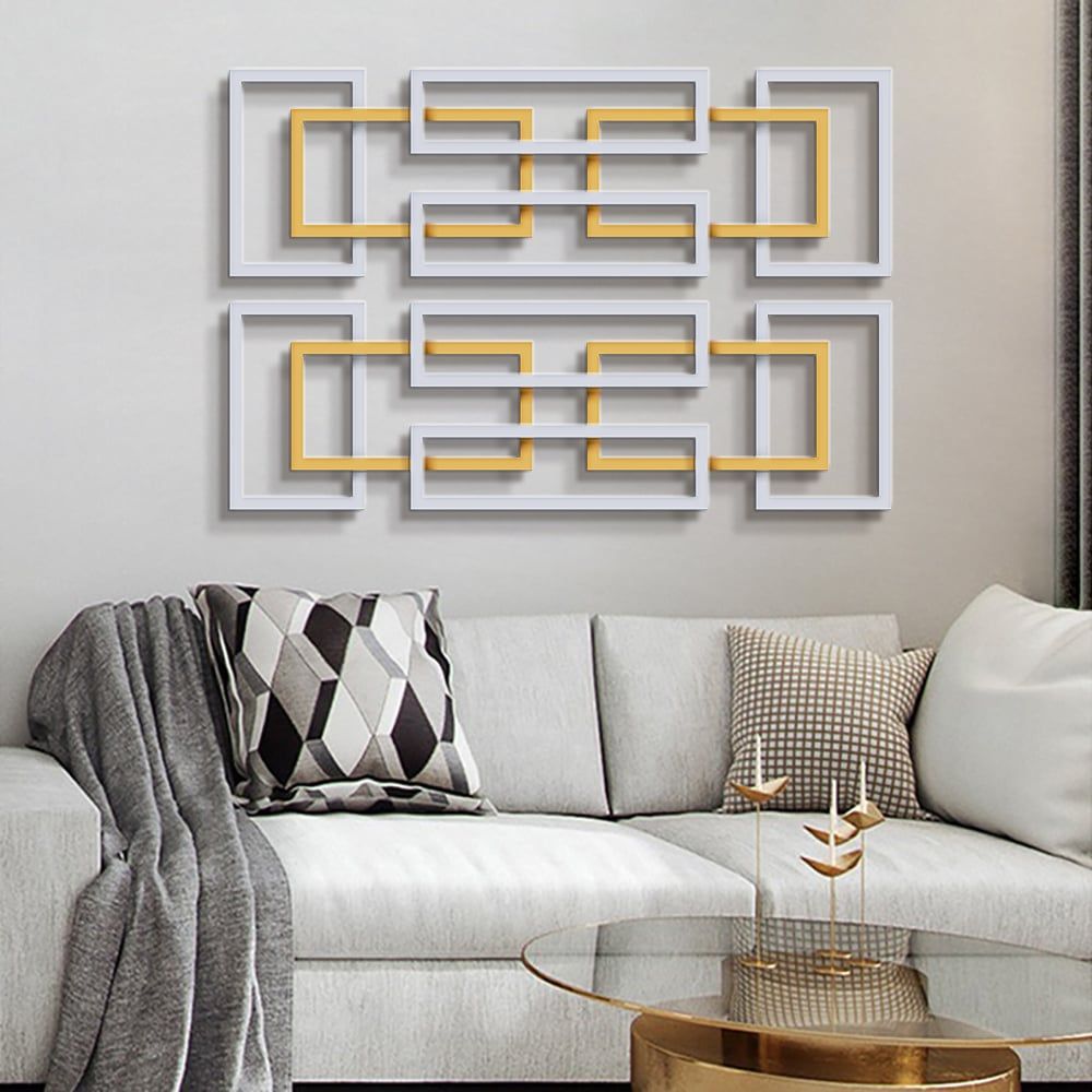 2 Pieces Big Metal Wall Decor Set Modern Gold & Silver Rectangle Art Living Room Bedroom - Comfortable Living Decor