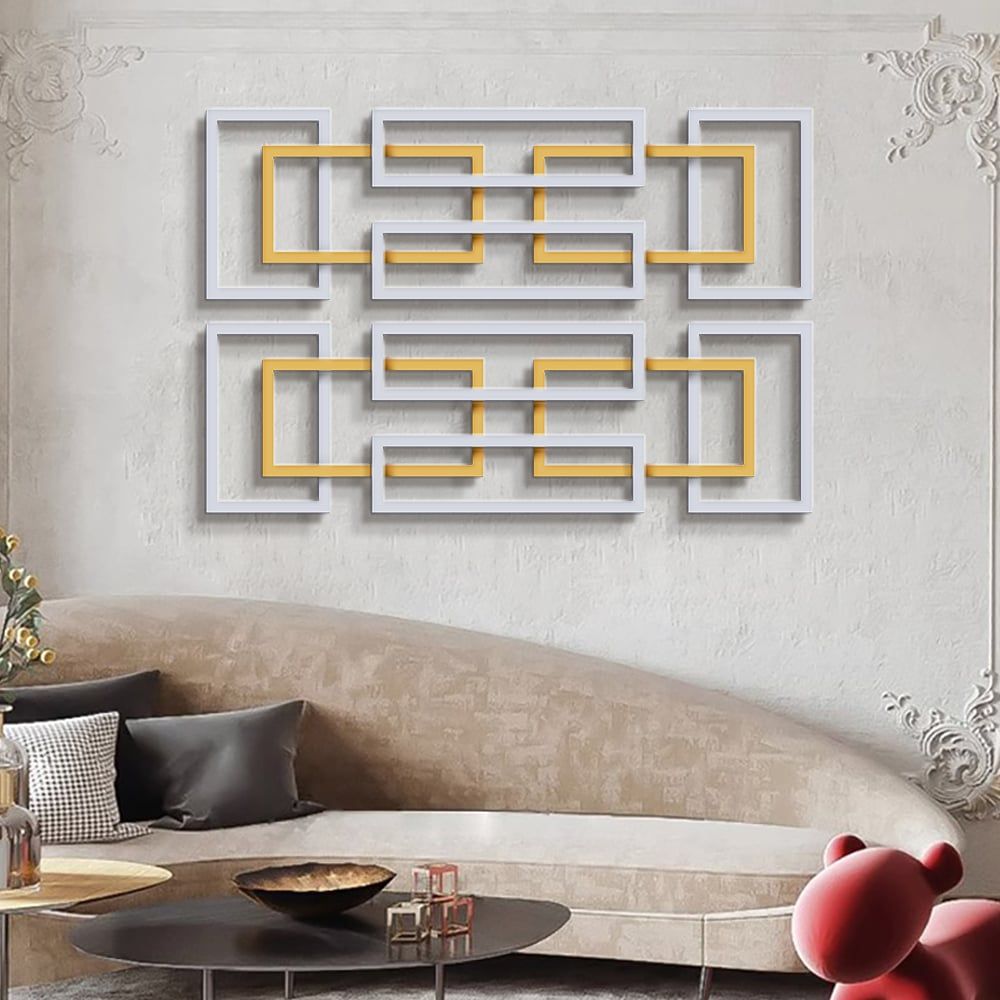 2 Pieces Big Metal Wall Decor Set Modern Gold & Silver Rectangle Art Living Room Bedroom - Comfortable Living Decor
