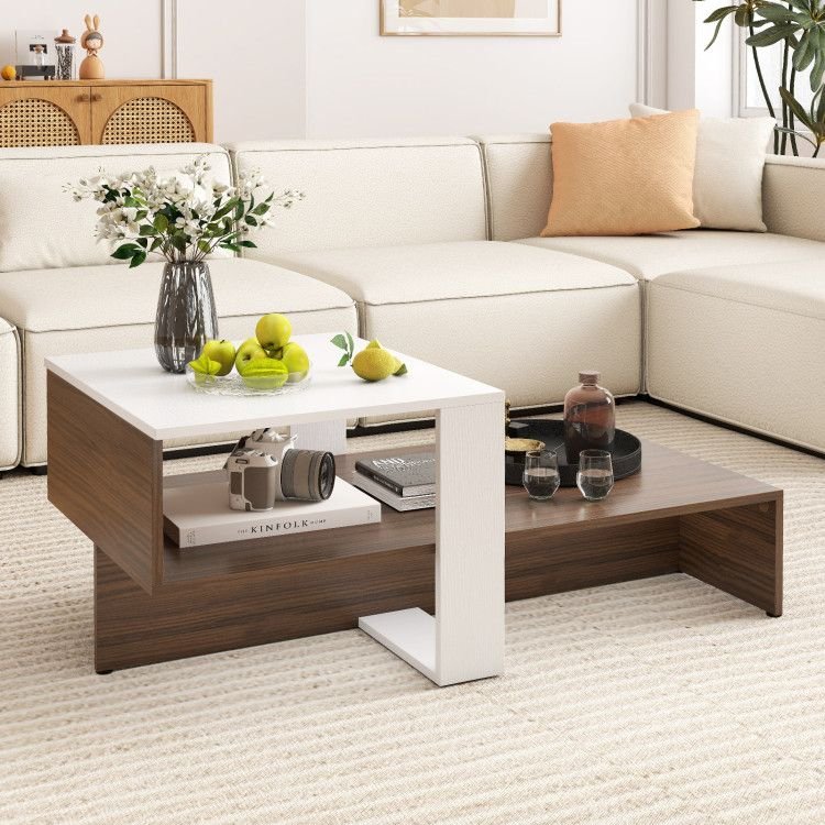 2 - Tier Geometric Coffee Table with Storage Shelves by Hooya - Comfortable Living Decor