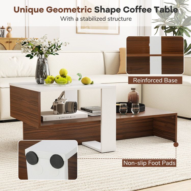 2 - Tier Geometric Coffee Table with Storage Shelves by Hooya - Comfortable Living Decor