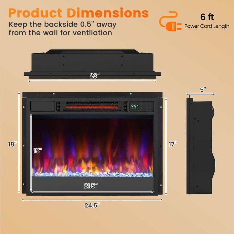 23 Inch 1500W Recessed Electric Fireplace Insert with Remote Control - Comfortable Living Decor