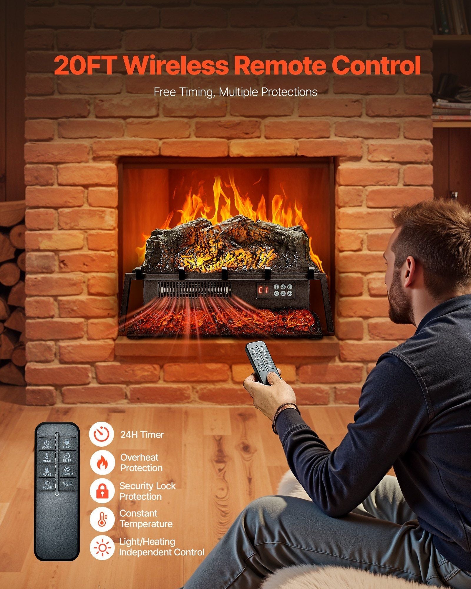 23 Inch Electric Fireplace Log Heater with Crackling Sound Timer Remote - Comfortable Living Decor