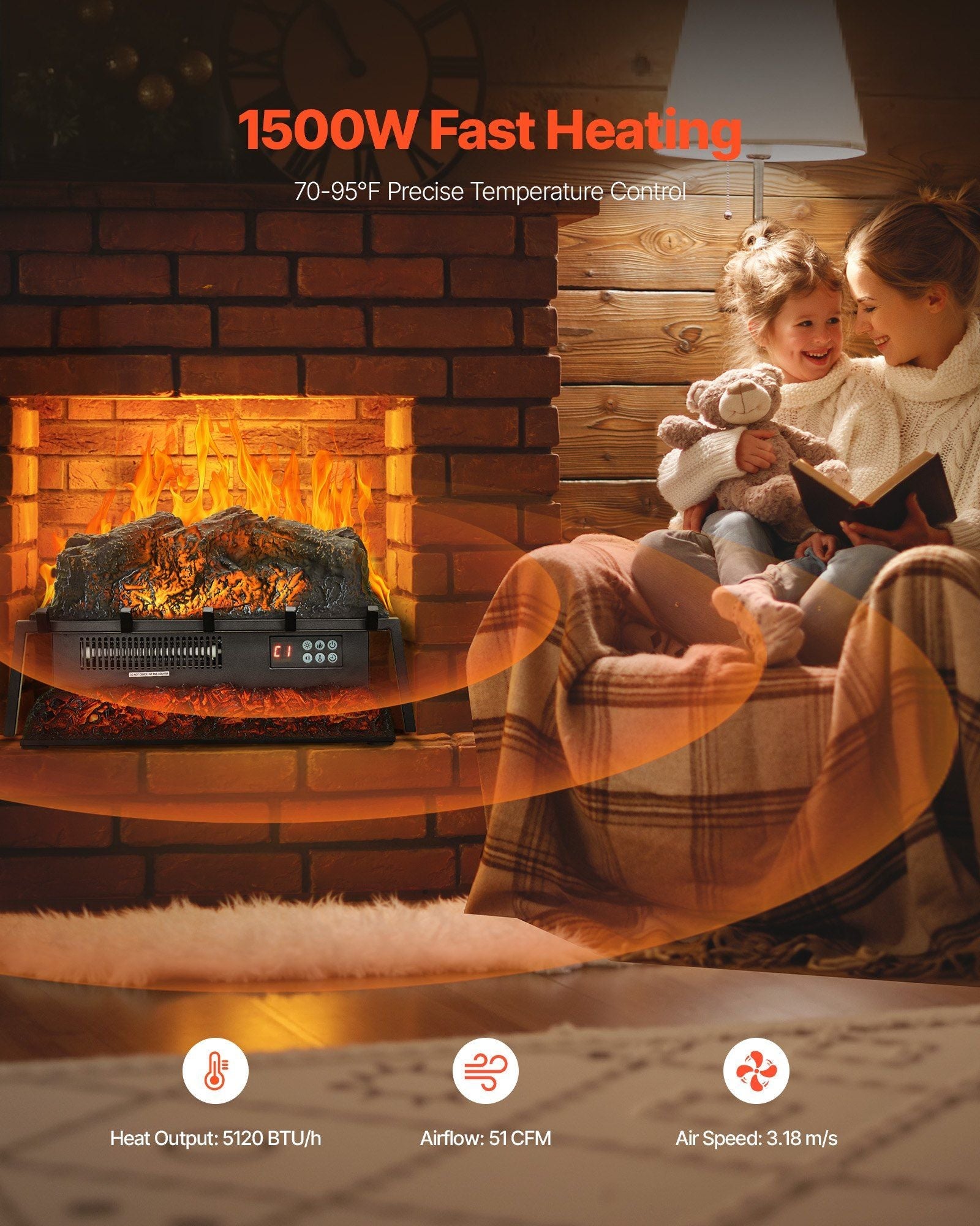23 Inch Electric Fireplace Log Heater with Crackling Sound Timer Remote - Comfortable Living Decor