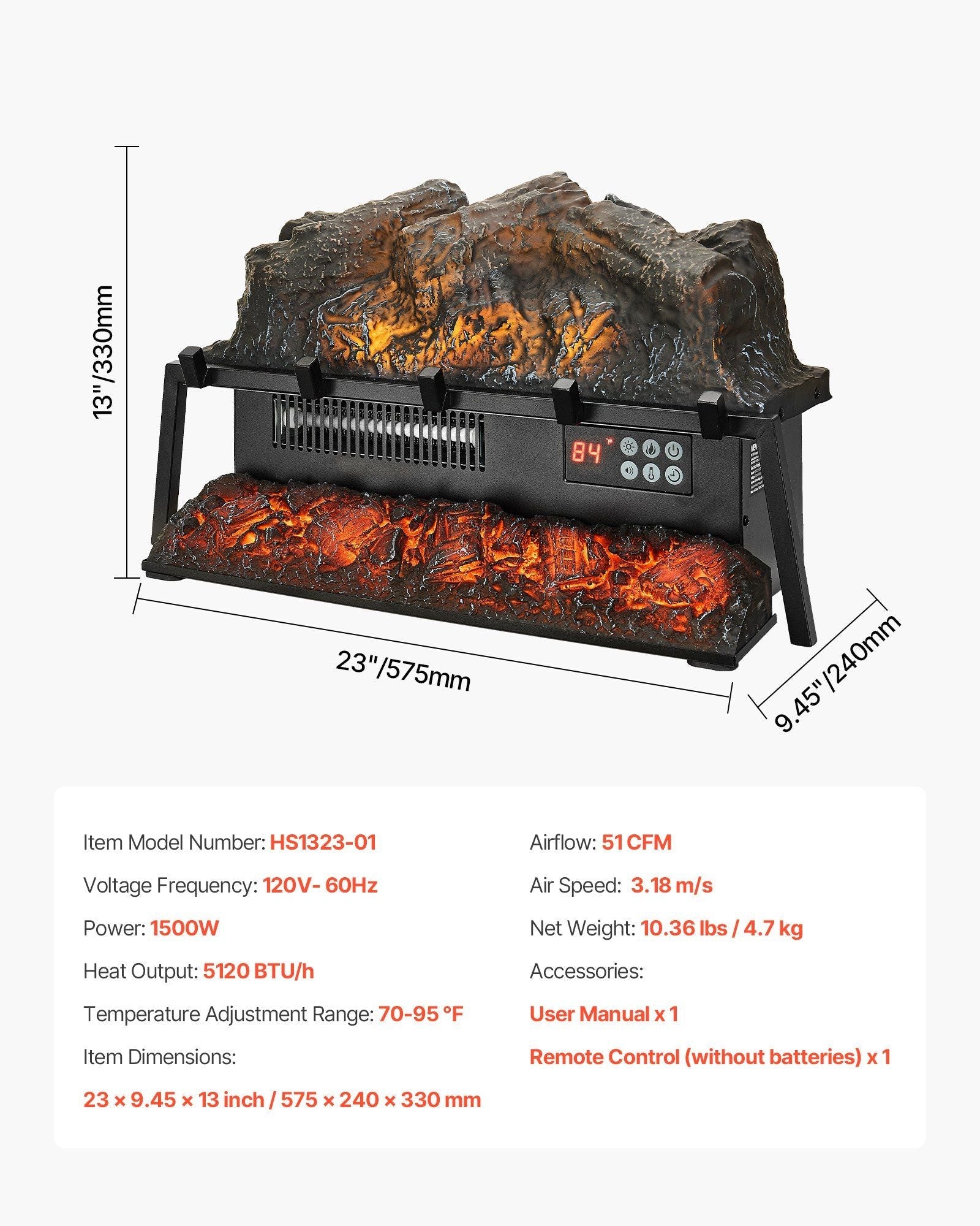 23 Inch Electric Fireplace Log Heater with Crackling Sound Timer Remote - Comfortable Living Decor