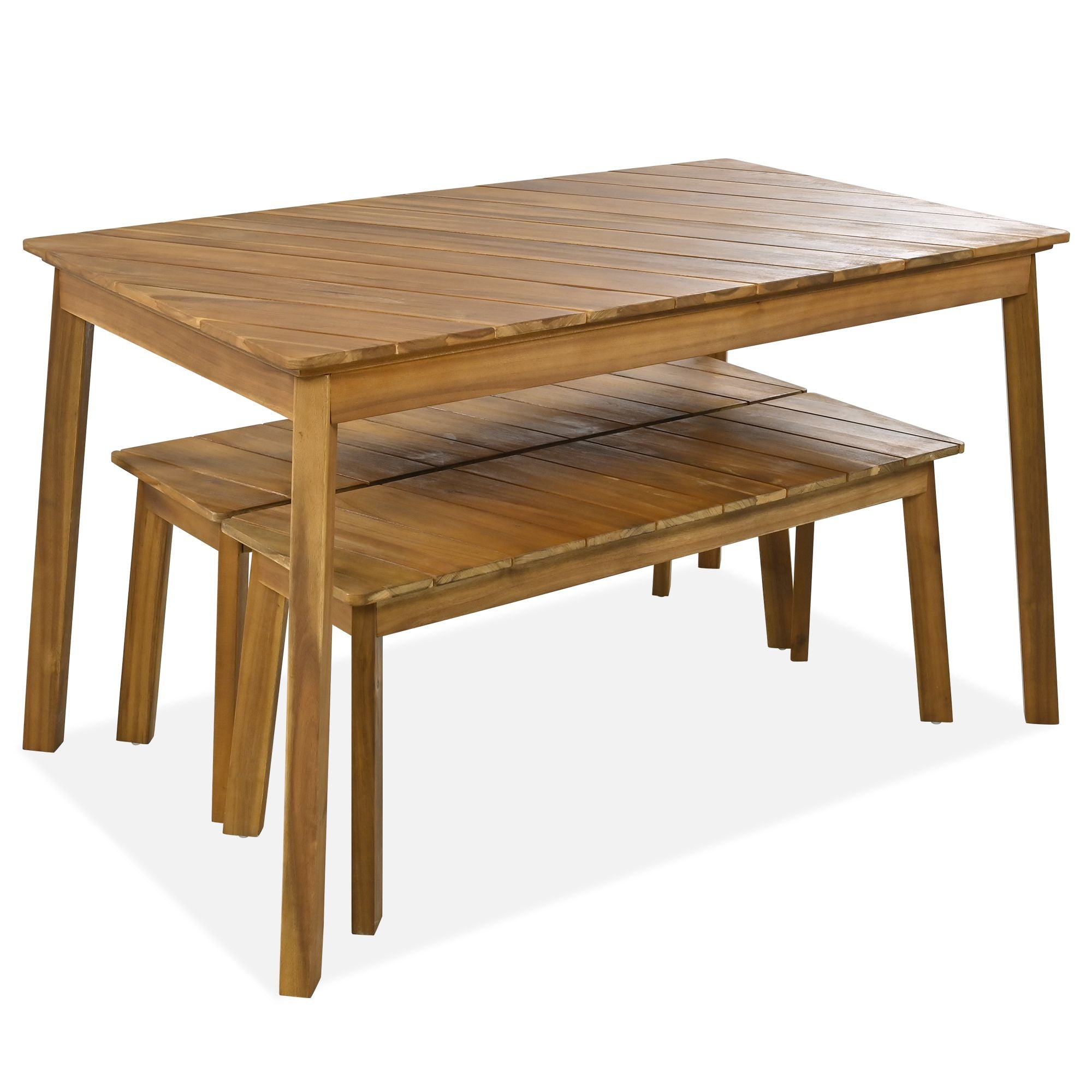 3 Pieces Acacia Wood Table Bench Dining Set For Outdoor & Indoor Furniture With 2 Benches, Picnic Beer Table for Patio, Porch, Garden, Poolside - Comfortable Living Decor