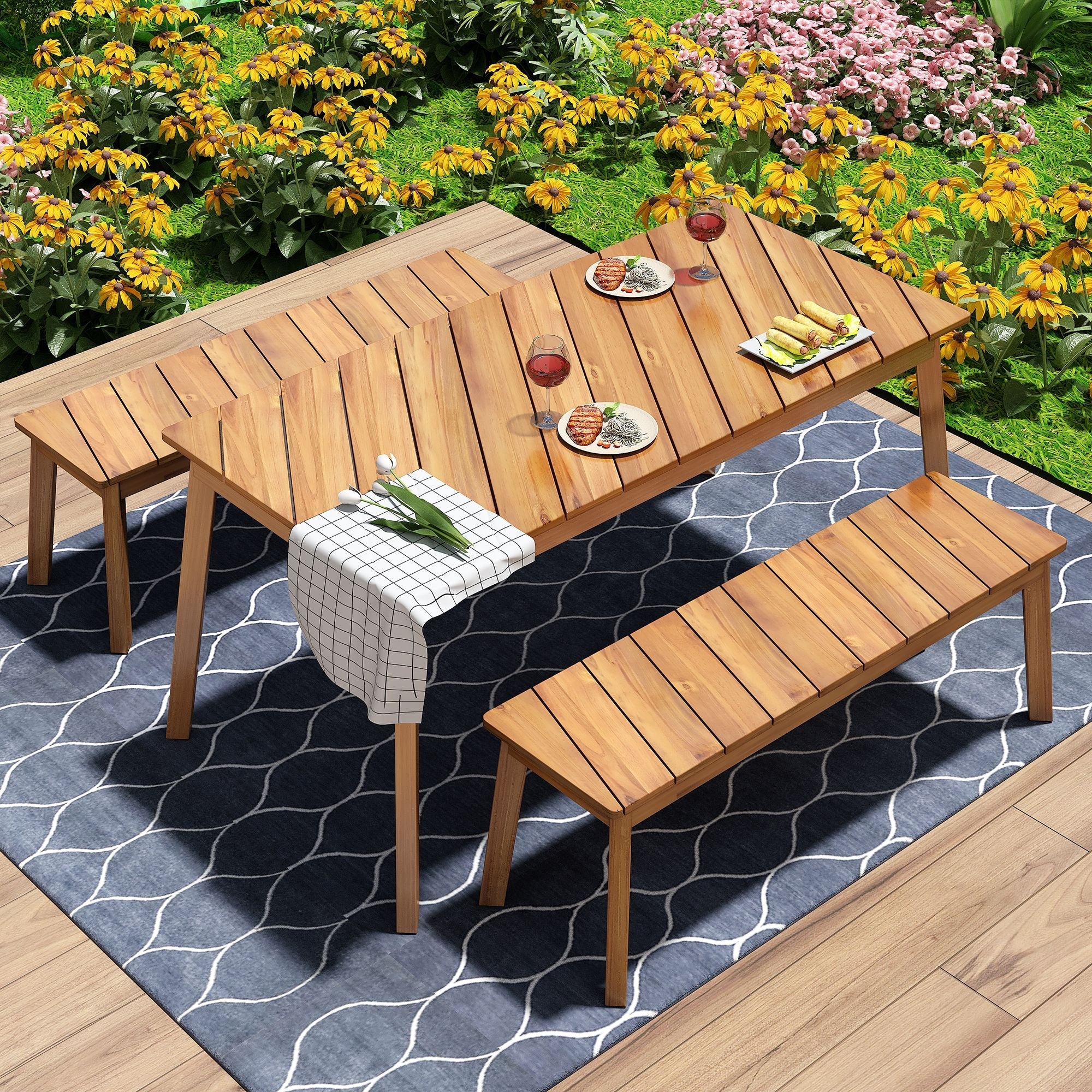 3 Pieces Acacia Wood Table Bench Dining Set For Outdoor & Indoor Furniture With 2 Benches, Picnic Beer Table for Patio, Porch, Garden, Poolside - Comfortable Living Decor
