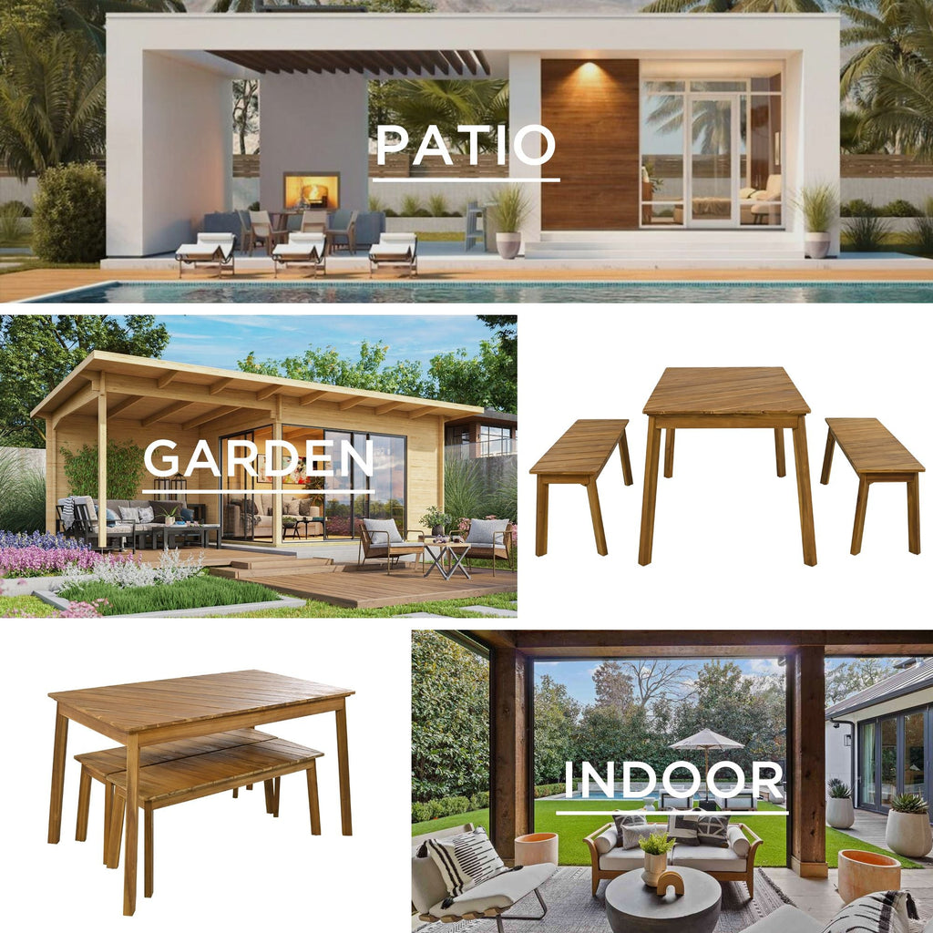 3 Pieces Acacia Wood Table Bench Dining Set For Outdoor & Indoor Furniture With 2 Benches, Picnic Beer Table for Patio, Porch, Garden, Poolside - Comfortable Living Decor