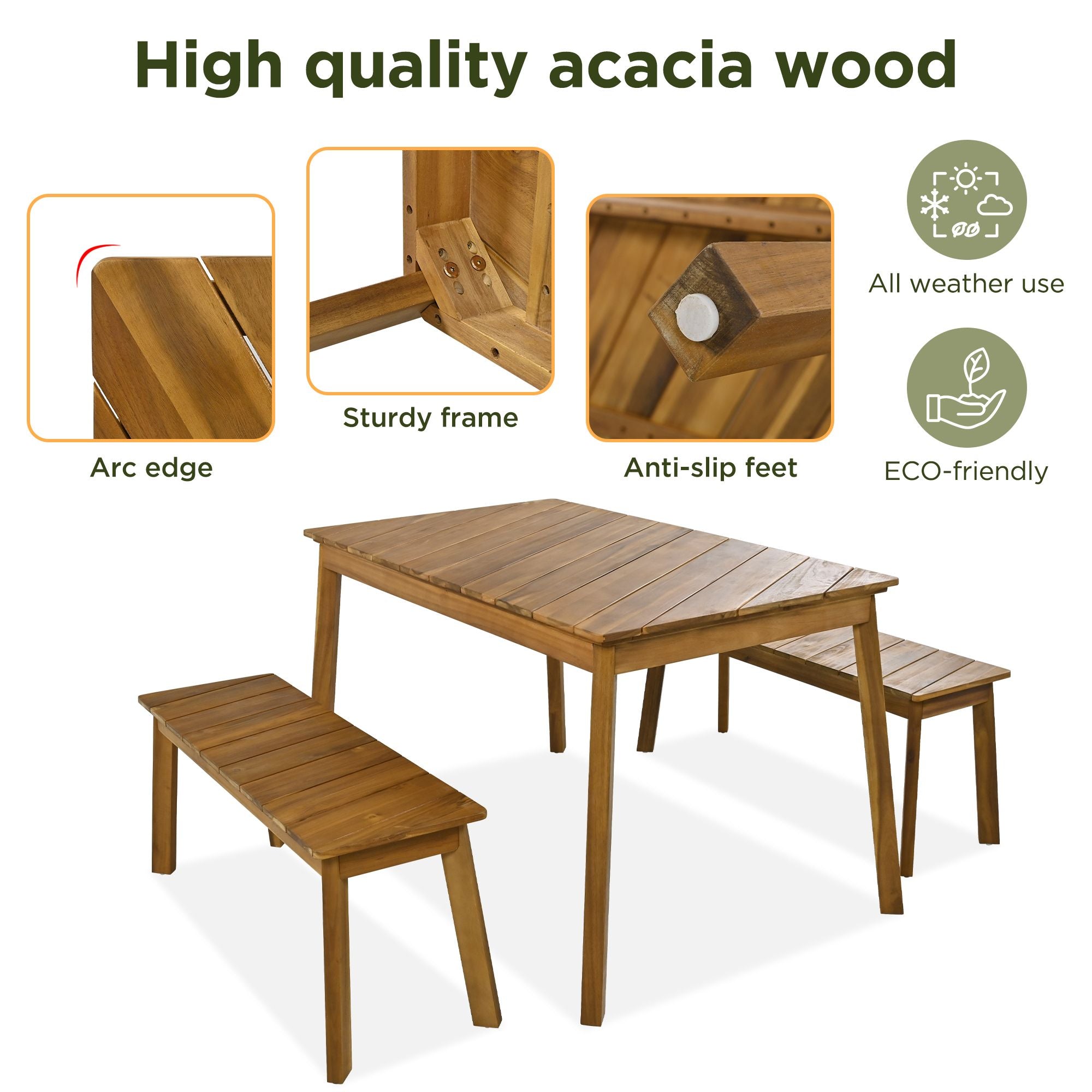 3 Pieces Acacia Wood Table Bench Dining Set For Outdoor & Indoor Furniture With 2 Benches, Picnic Beer Table for Patio, Porch, Garden, Poolside - Comfortable Living Decor