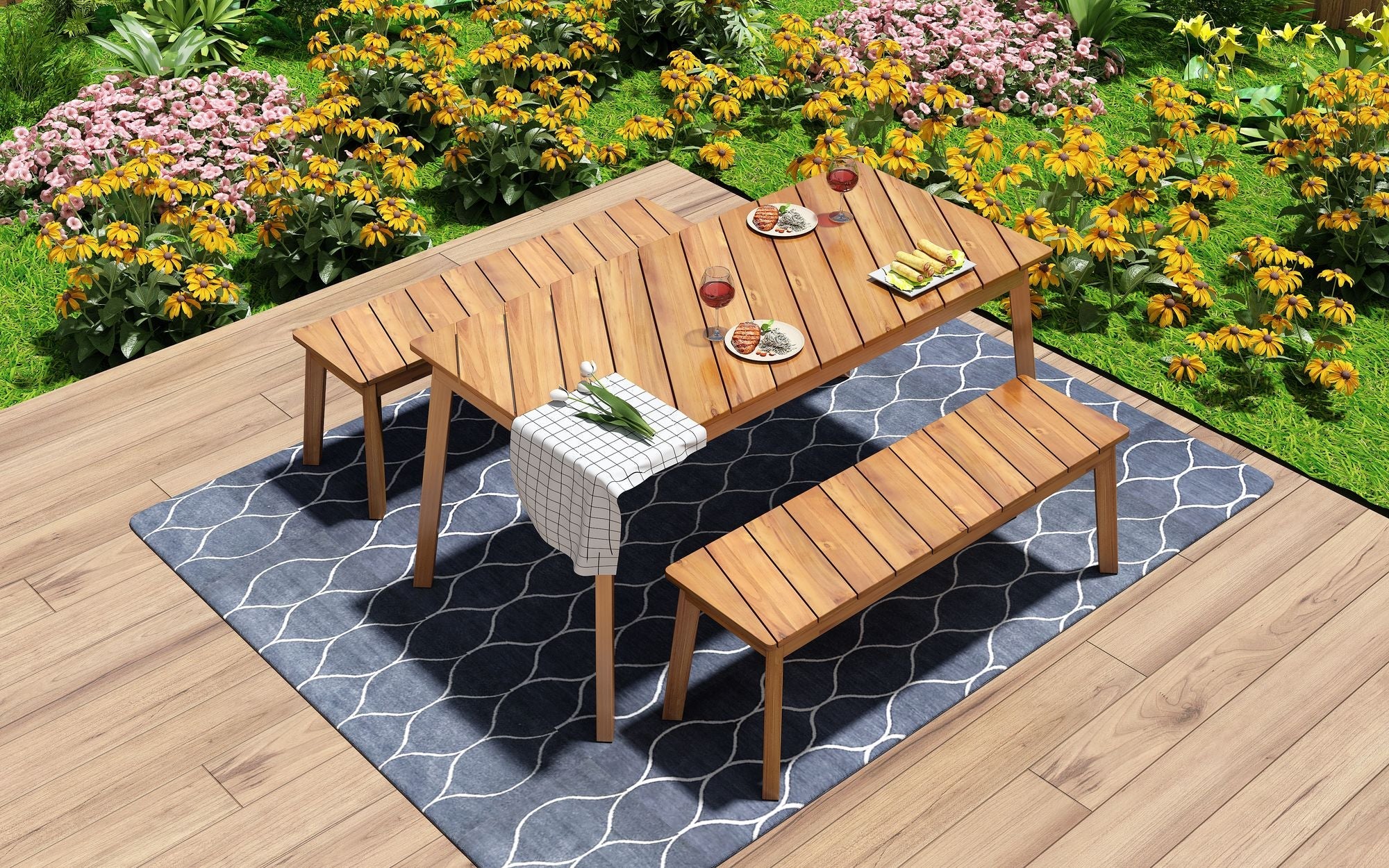 3 Pieces Acacia Wood Table Bench Dining Set For Outdoor & Indoor Furniture With 2 Benches, Picnic Beer Table for Patio, Porch, Garden, Poolside - Comfortable Living Decor